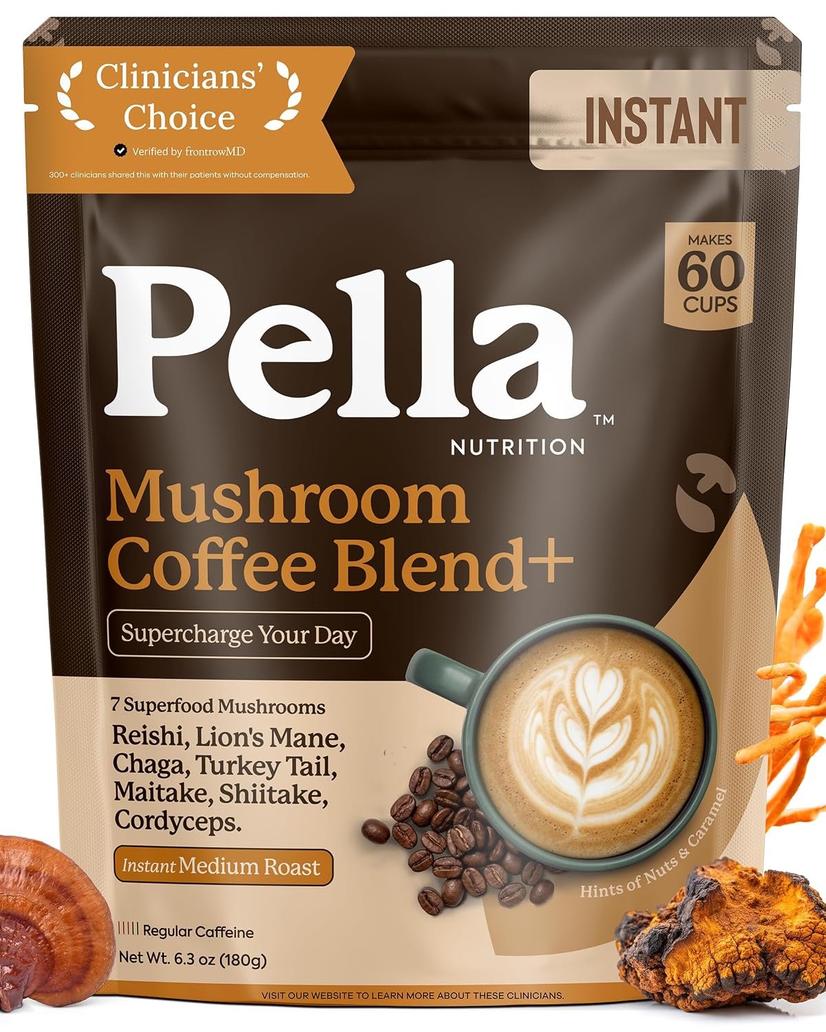 Pella Nutrition Instant Mushroom Coffee Powder – Regular Caffeine, 60 Cups