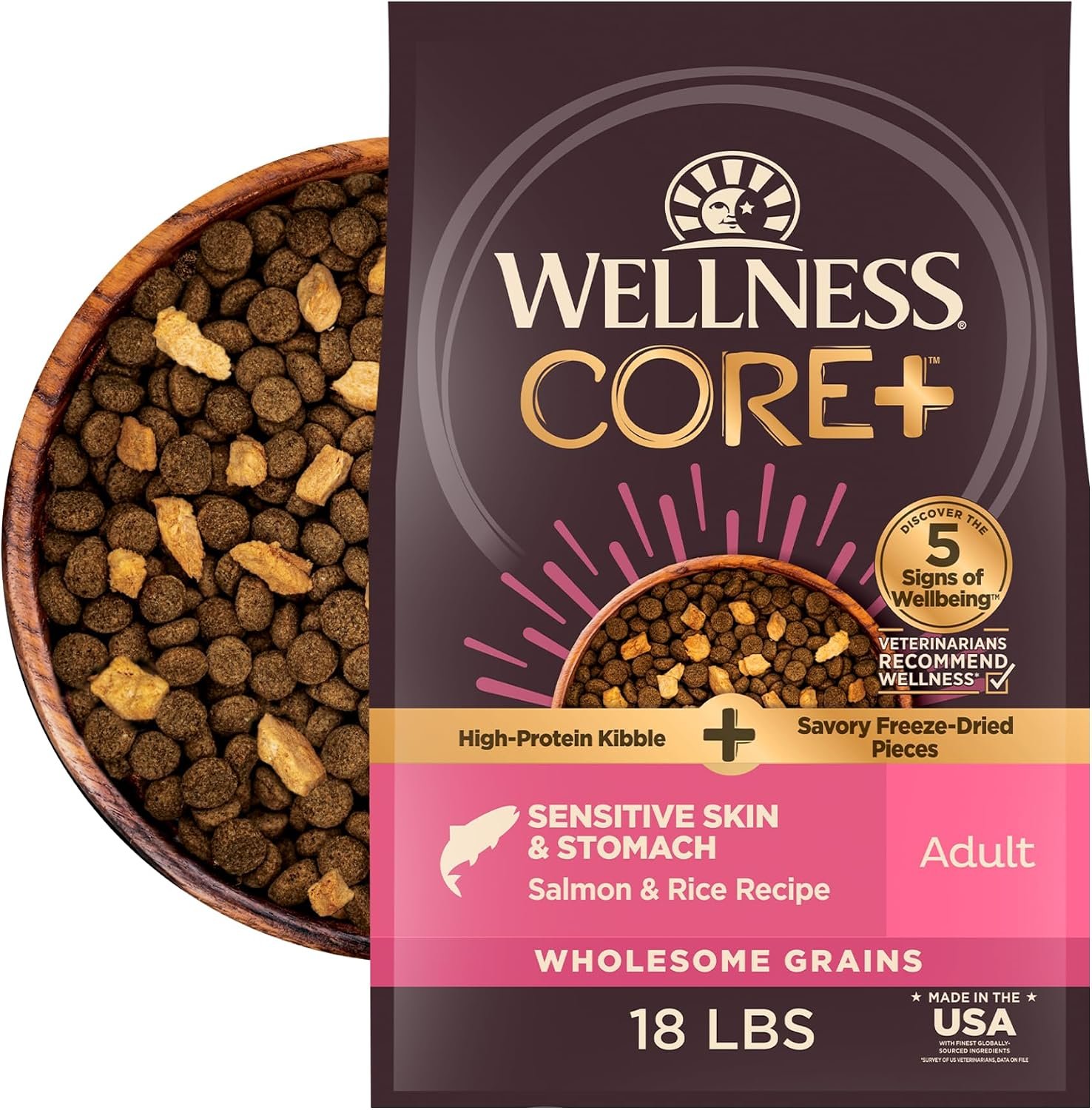 Wellness CORE+ Sensitive Skin and Stomach Adult Dry Dog Food with Freeze Dried Pieces, Wholesome Grain Kibble+, Natural, High Protein, Chicken Free, Salmon and Rice Recipe, 18 lb Bag