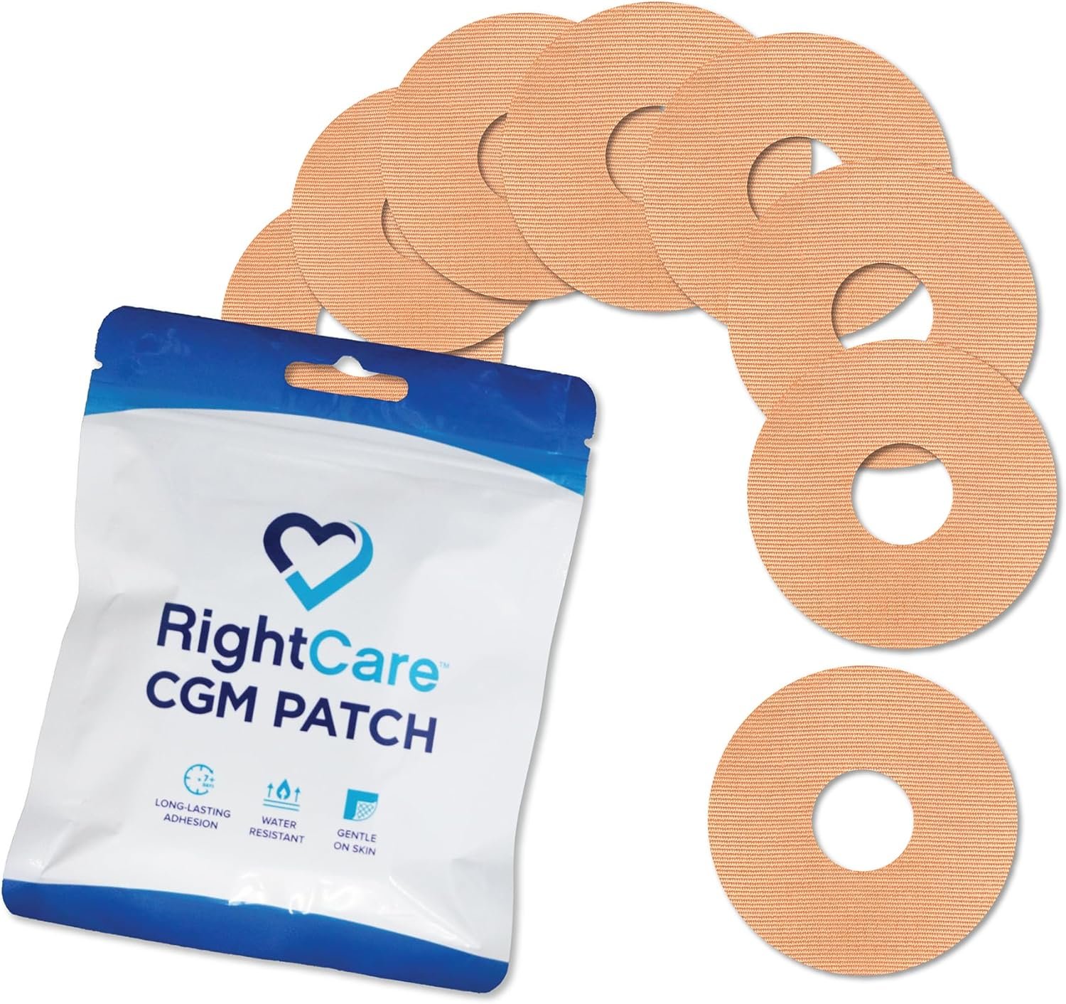 RightCare CGM Adhesive Patches Pre-Cut for Freestyle Libre 2 &3 and Lingo, Waterproof Adhesive Medical Tape, Uncovered Circle Protective Patches, Tan, Bag of 25