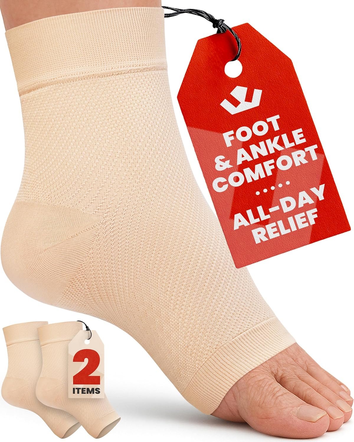 KEMFORD Ankle Compression Sleeve – 1-Pair, Plantar Fasciitis Braces – Open Toe Compression Socks for Swelling, Sprain, Neuropathy, Foot Arch Support for Men and Women – 20-30mmhg, M, Beige