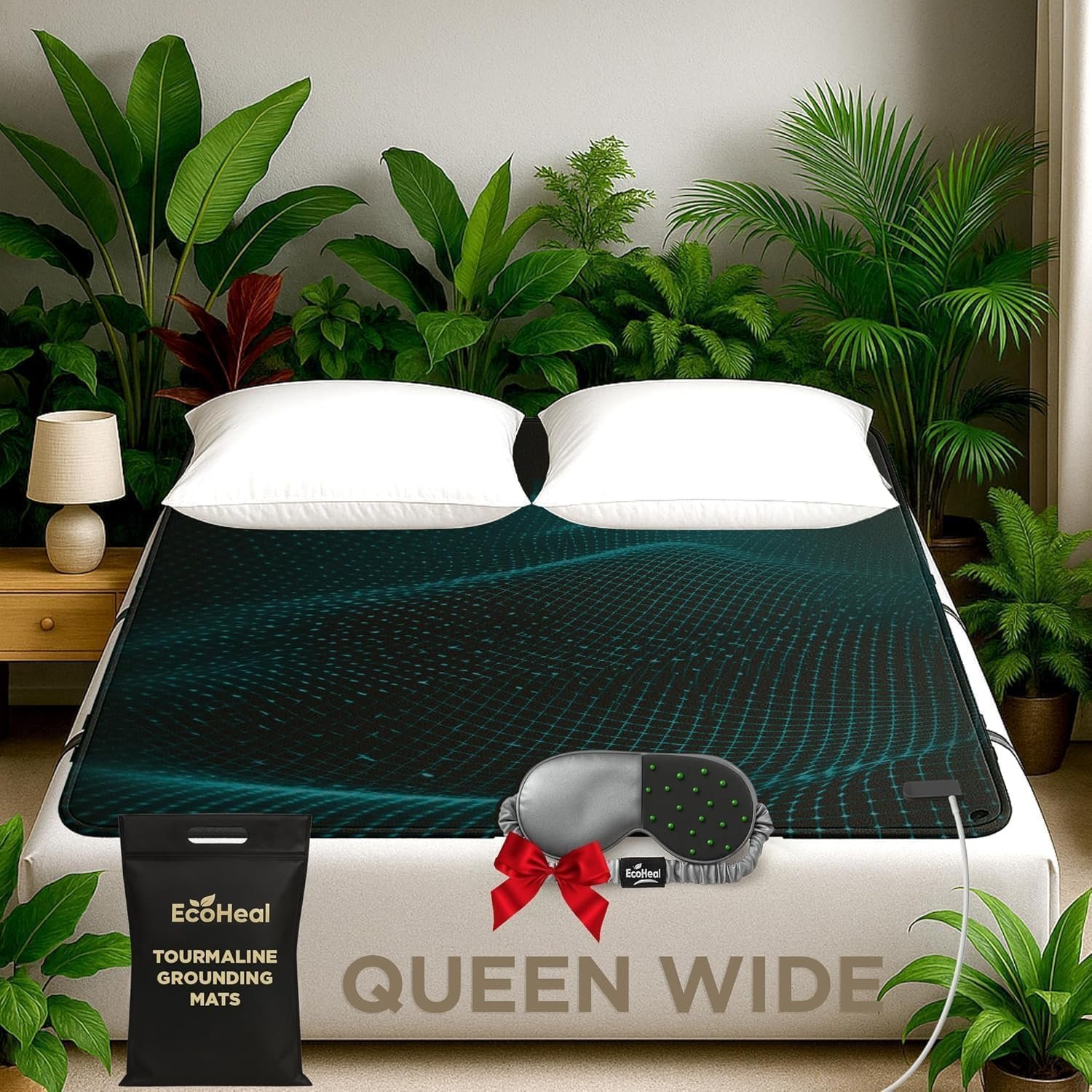 Luxury Tourmaline Grounding Mat for Bed, Queen Wide 59”x54” – Conductive PU Leather Surface, Quality Certified, Includes Silver Sleep Mask & 15ft Cord
