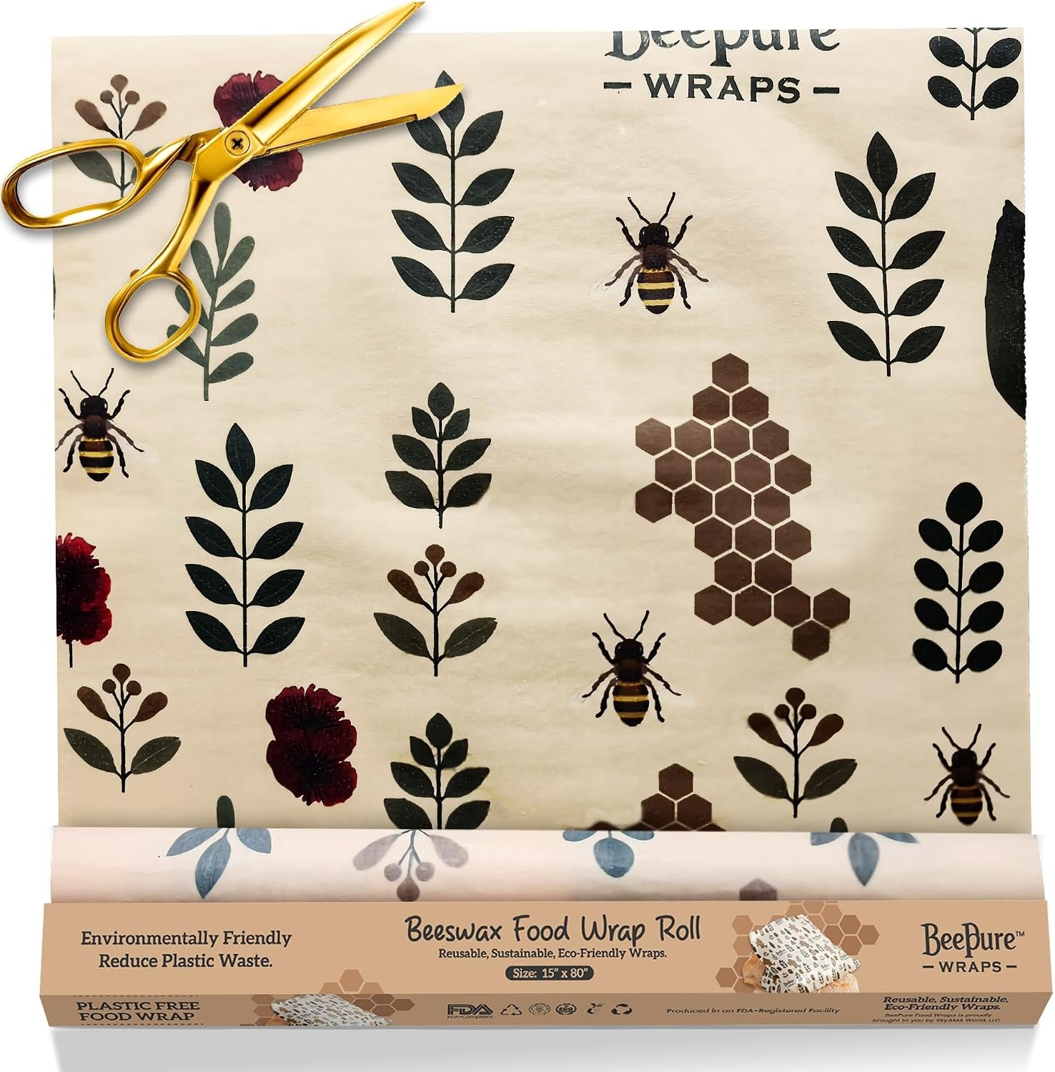 Reusable Beeswax Food Wrap Roll – Cut-to-Size 15 x 80 in, Eco-Friendly Food Storage Wrap, Botanical Plant & Bee Honeycomb Design