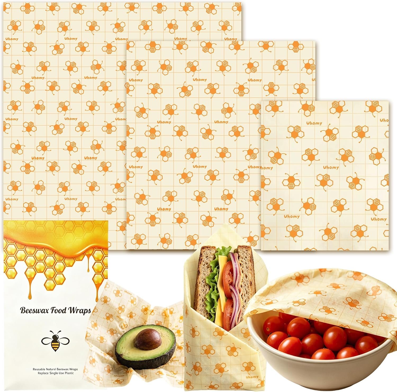 3 Pack Beeswax Wraps for Food – Small Medium Large Bees Wax Wraps Reusable Organic Beeswax Paper Food Wraps, Plastic Free Food Storage Wrap for Bread, Sandwich, Bowl Covers, Eco Friendly, Zero Waste