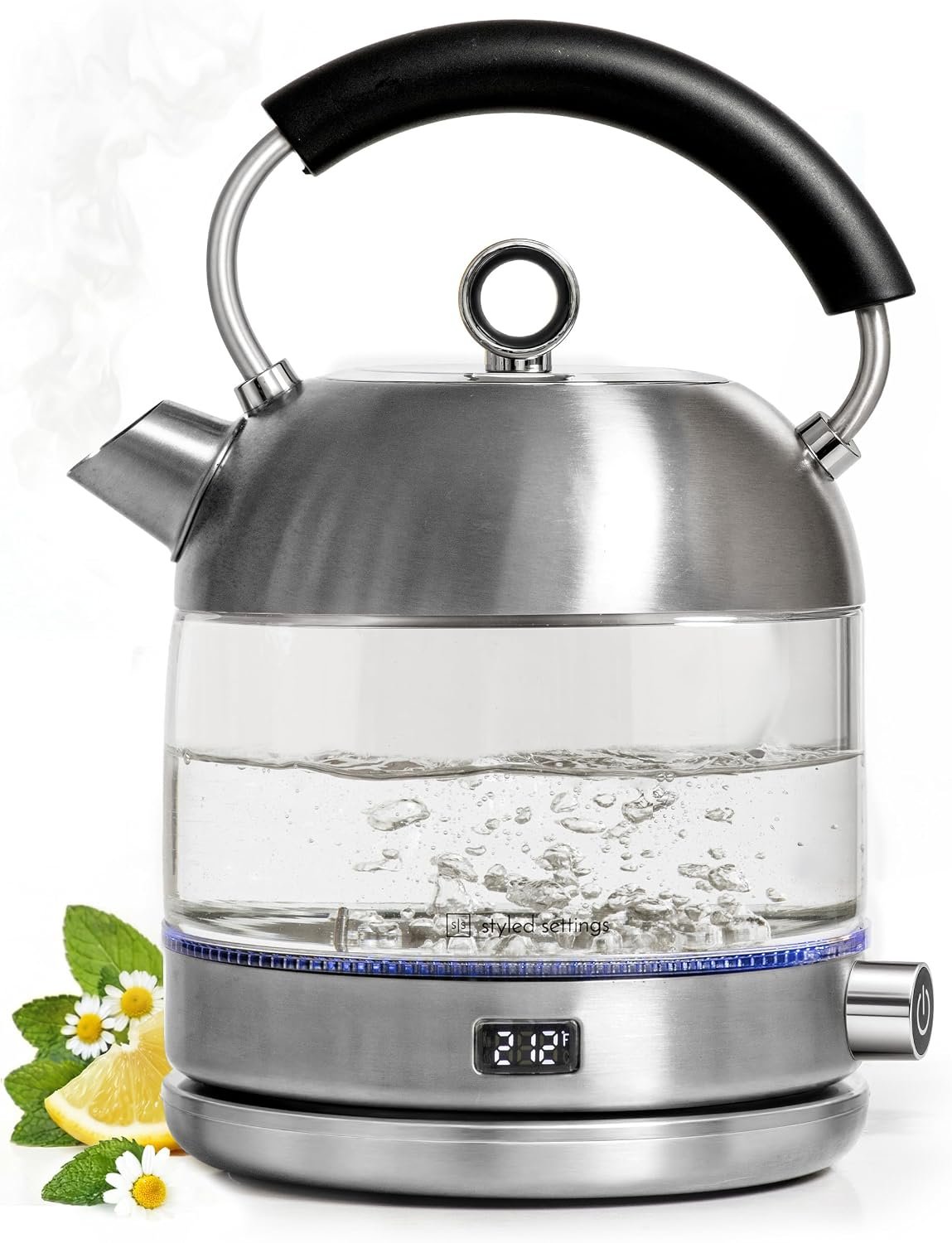 Styled Settings Glass Electric Kettle with Temperature Control, Silver