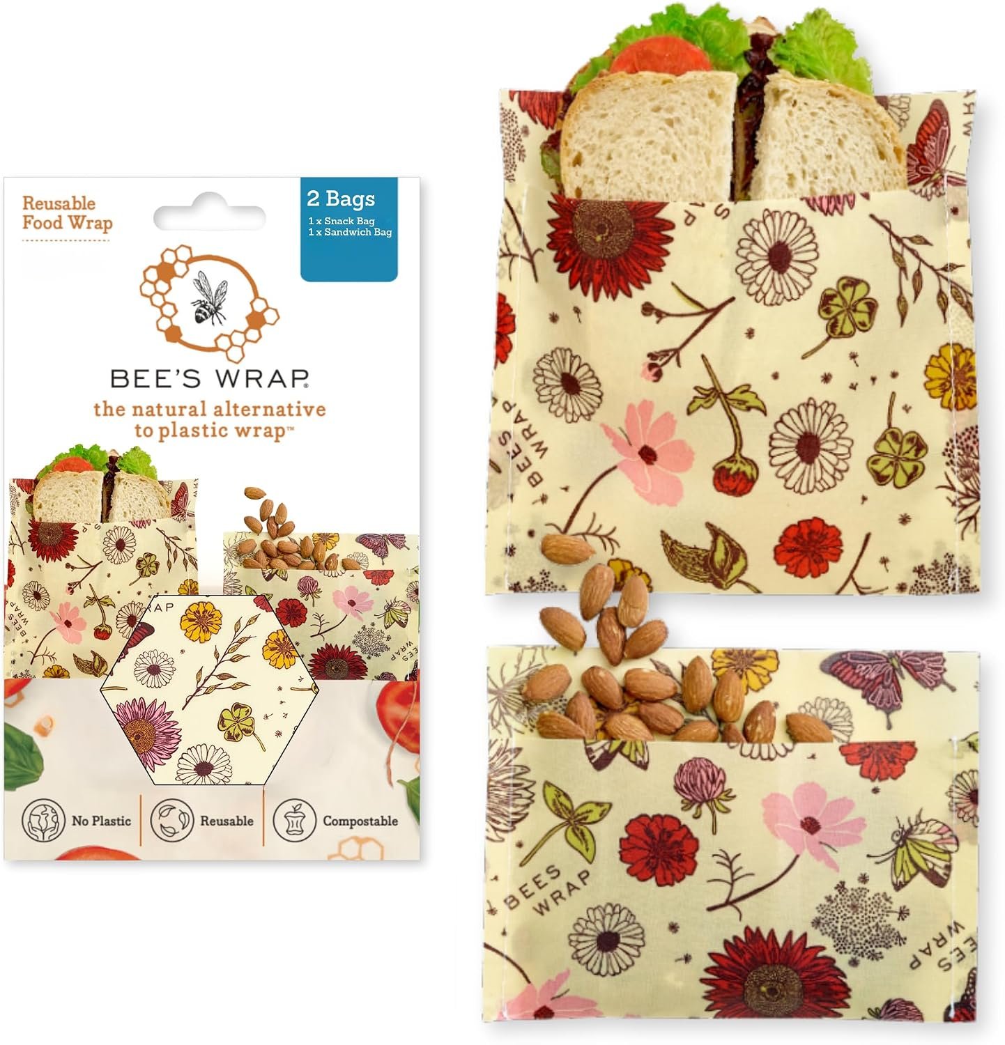 Bee’s Wrap Beeswax Food Wraps, Sandwich & Snack Bags, 2 Pack – Meadow Magic