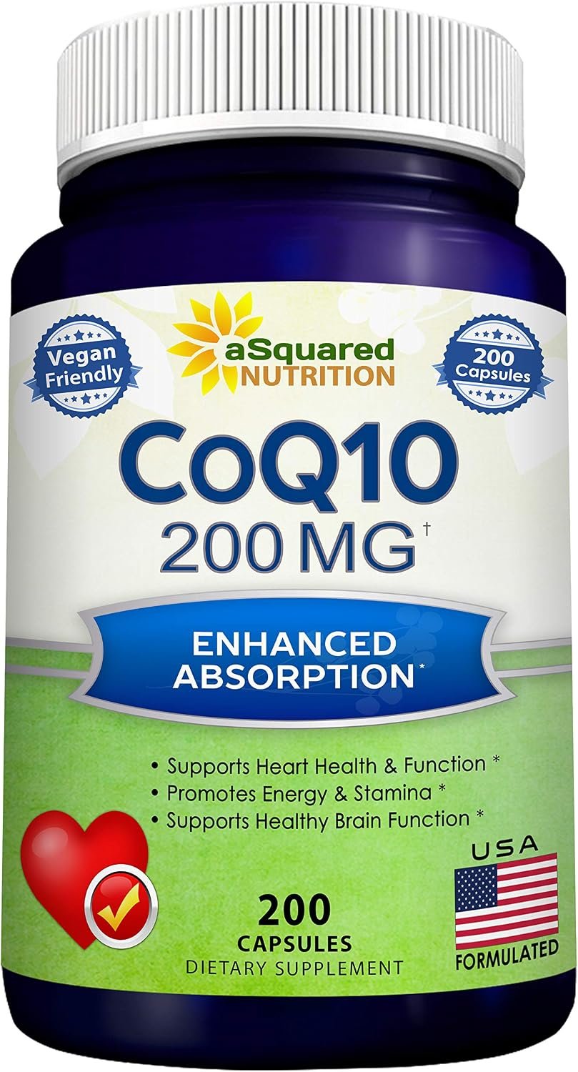 aSquared Nutrition CoQ10 (200 Capsules and 200mg) – High Absorption Vegan CO Q-10 Powder – Enzyme Ubiquinone Supplement Pills, Extra Antioxidant Coenzyme Q10 Vitamin, Coq 10 Alernative to Softgels