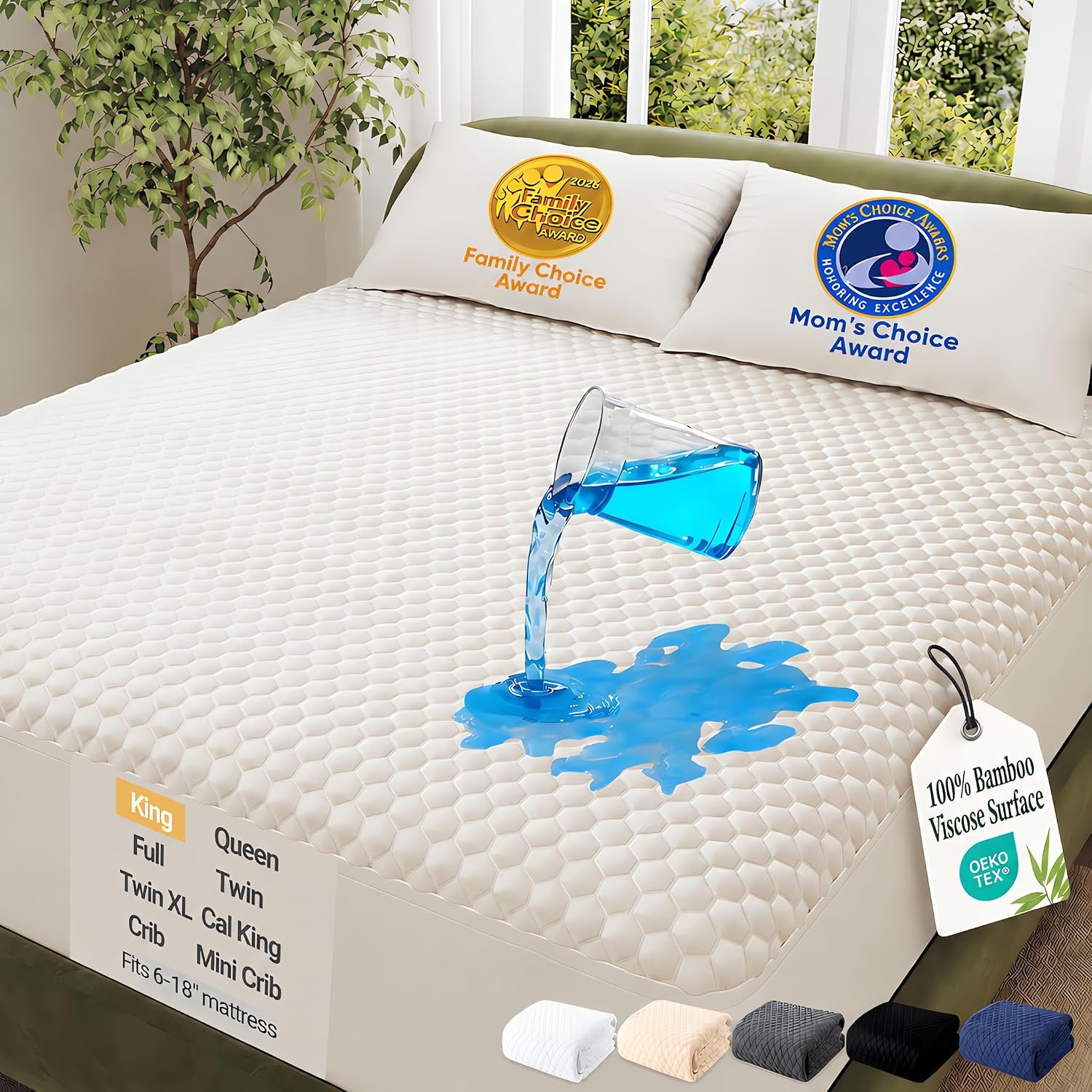OhGeni Waterproof Mattress Protector,King Size Soft Bamboo Viscose Top Layer Pad,3D-Air Fabric Cooling Breathable Fitted Sheets, Washable Bed Cover,Deep Pocket Noiseless Over 99 Count Hex Bumps