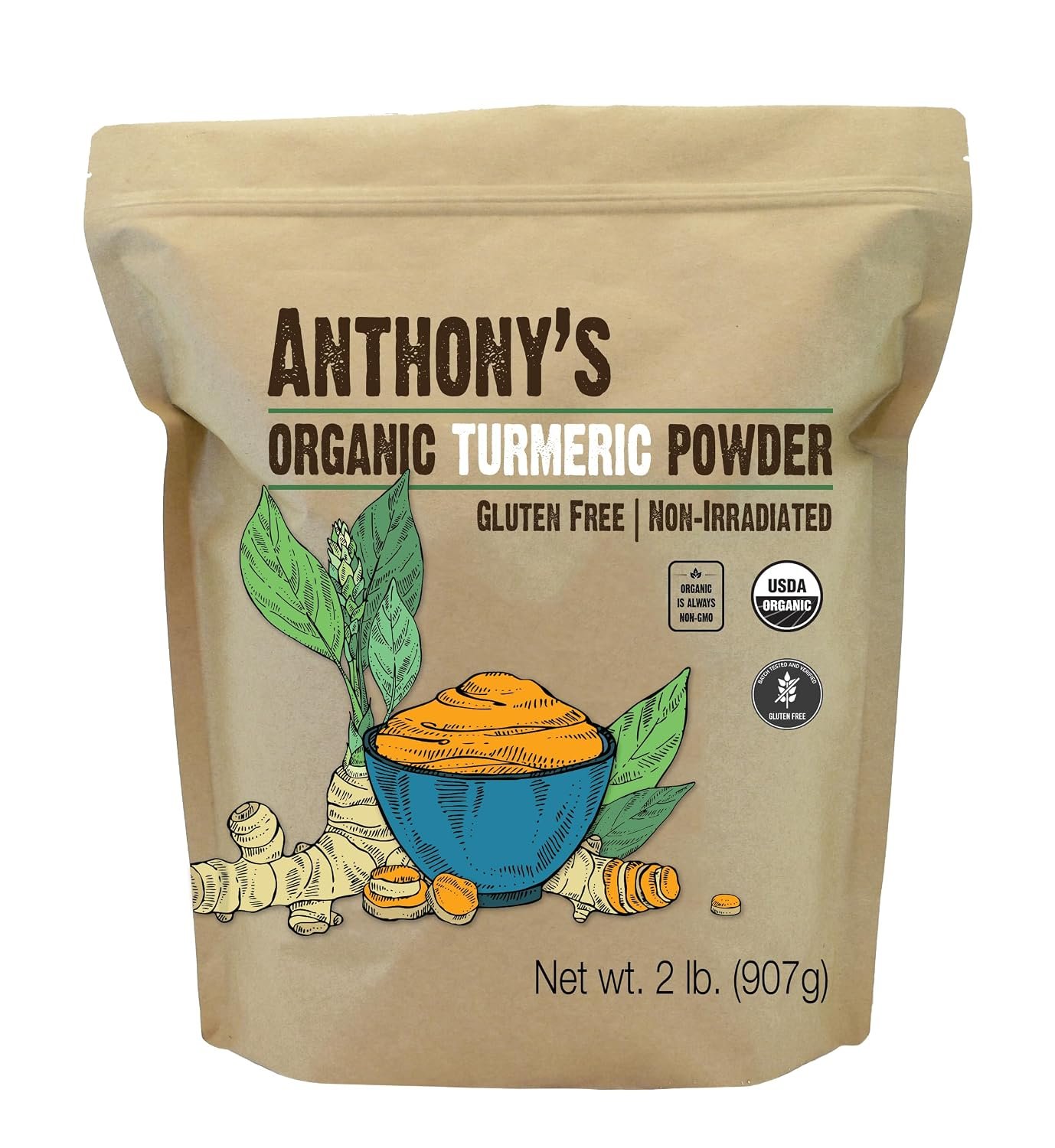 Anthony’s Organic Turmeric Root Powder, 2 lb, Curcumin Powder, Gluten Free & Non GMO