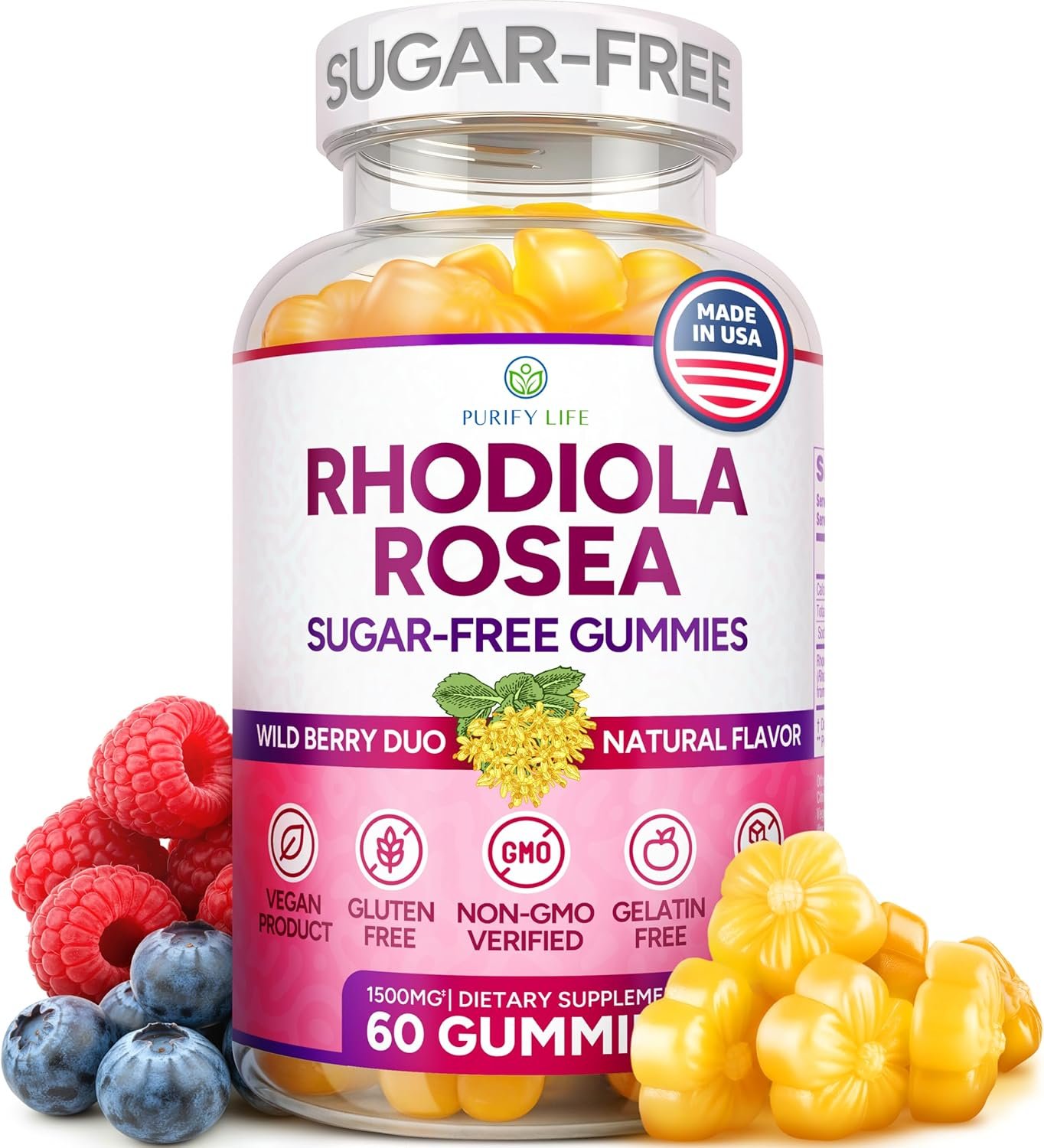 Sugar-Free Rhodiola Rosea Gummies, Adrenal & Cortisol Support, Vegan