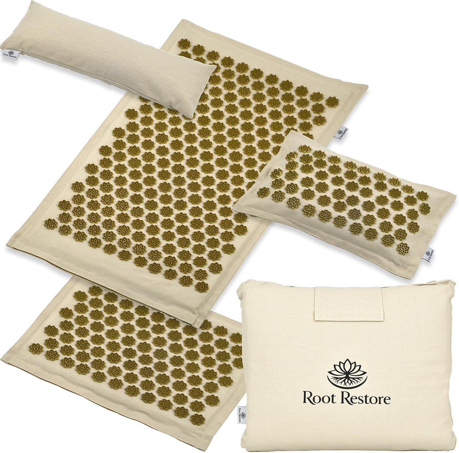 Acupressure Mat and Pillow Set — 4 Piece Full Body Set — Natural Linen & Coconut Fiber — Back Neck Pain Relief, Muscle Relaxation, Stress Relief — Includes Carry Bag