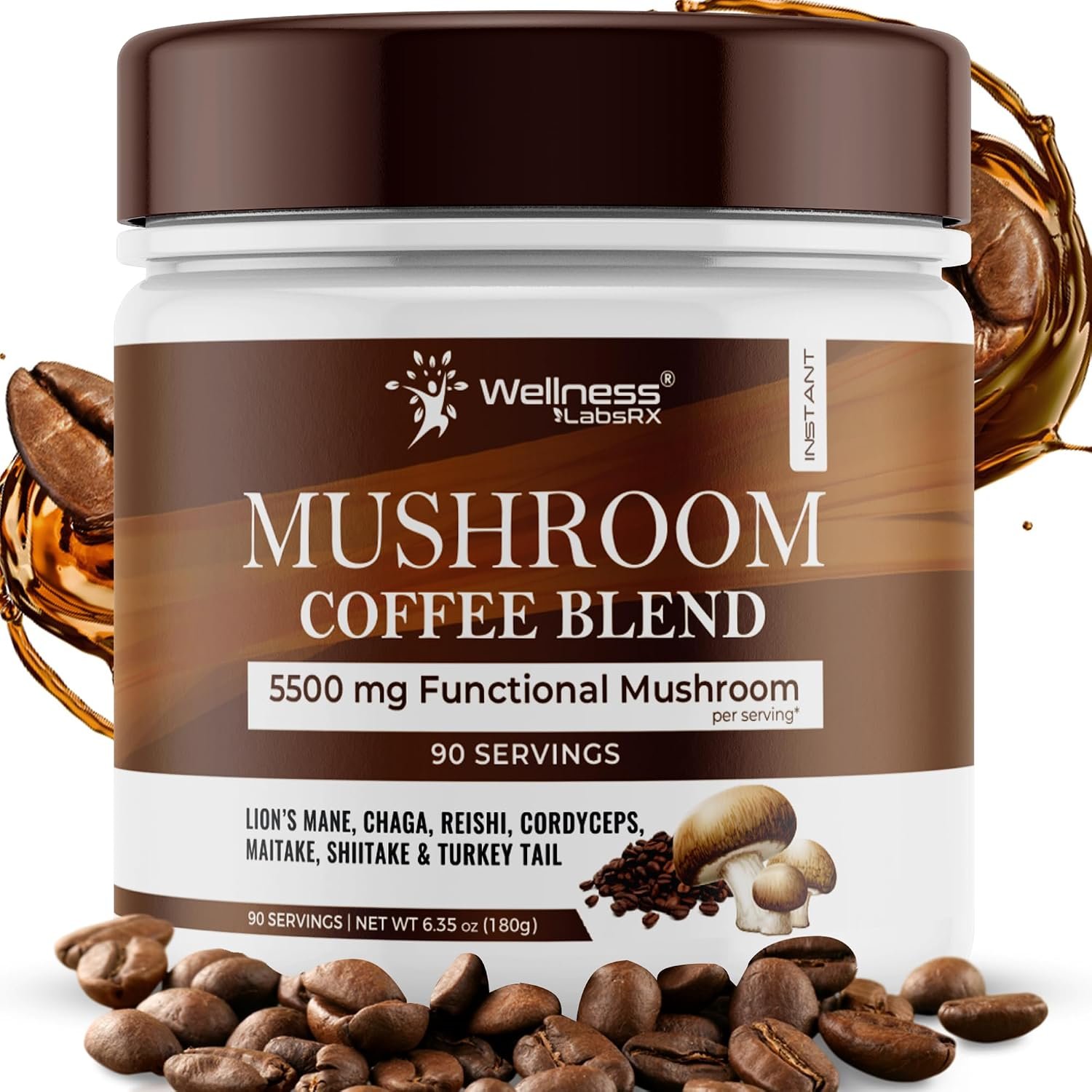 Organic Mushroom Coffee Instant, 7 Superfood Mushroom Blend, 90 Servings