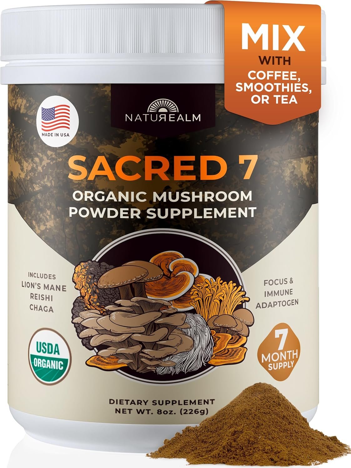 Naturealm Sacred 7 Organic Mushroom Powder, 226 Servings (7 Month Supply)