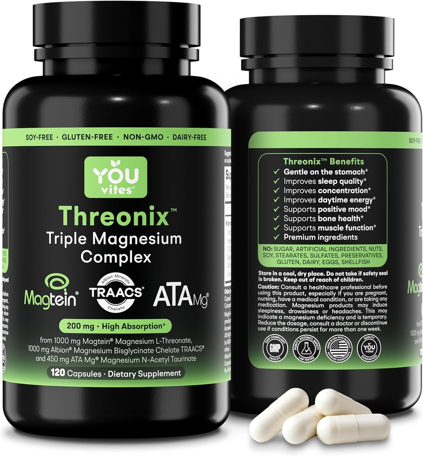 Threonix Triple Magnesium Complex – Magtein L-Threonate, Bisglycinate Chelate TRAACS & ATA Mg – Brain, Sleep, Mood & Focus Support – High Absorption, Gentle on Stomach – 120 Capsules
