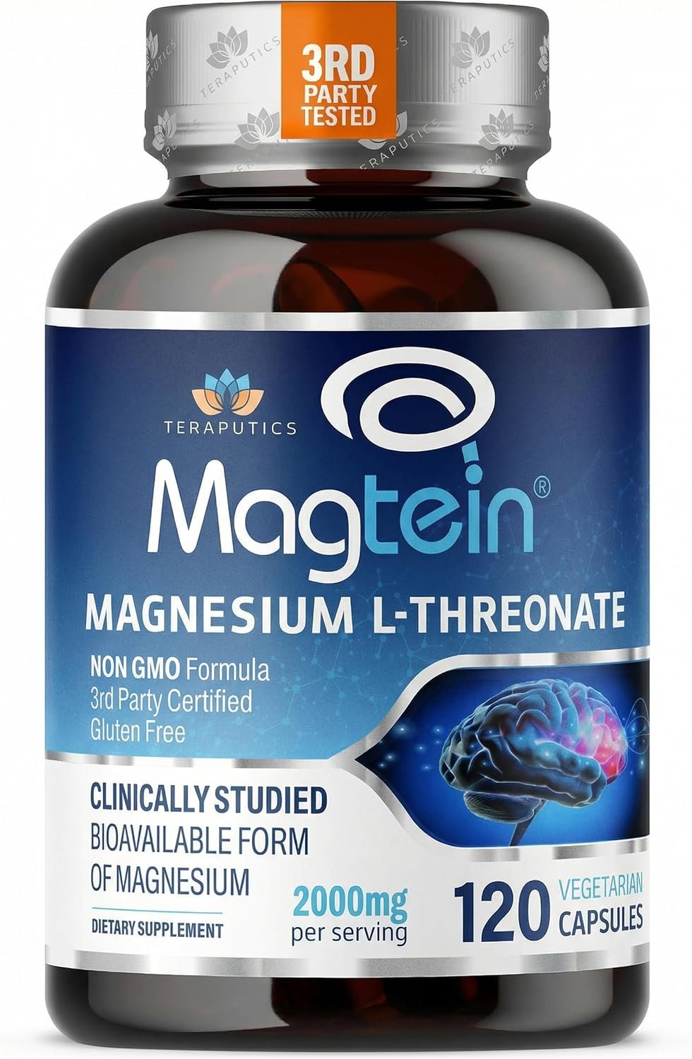 Magnesium L Threonate, Magtein, Brain Supplement for Memory, Focus, Sleep and Cognitive Support, High Absorption Magnesium L-Threonate, Non-GMO, No Laxative Effect – 2,000 mg, 120 Vegan Capsules