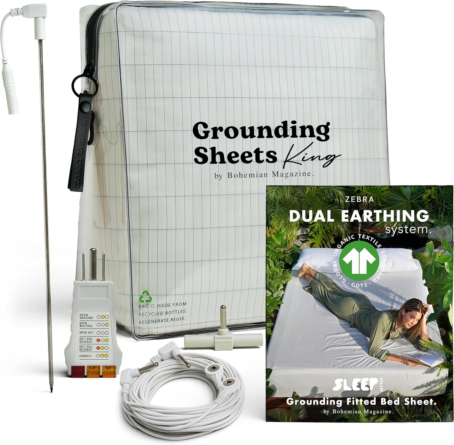 Zebra Grounding Sheets King – Safety Resistor + Organic Cotton Certified – 16.5″ Deep Pocket Earthing Fitted Sheets – 0.25mm Pure Silver – 2X Grounding Power • Dual Connection