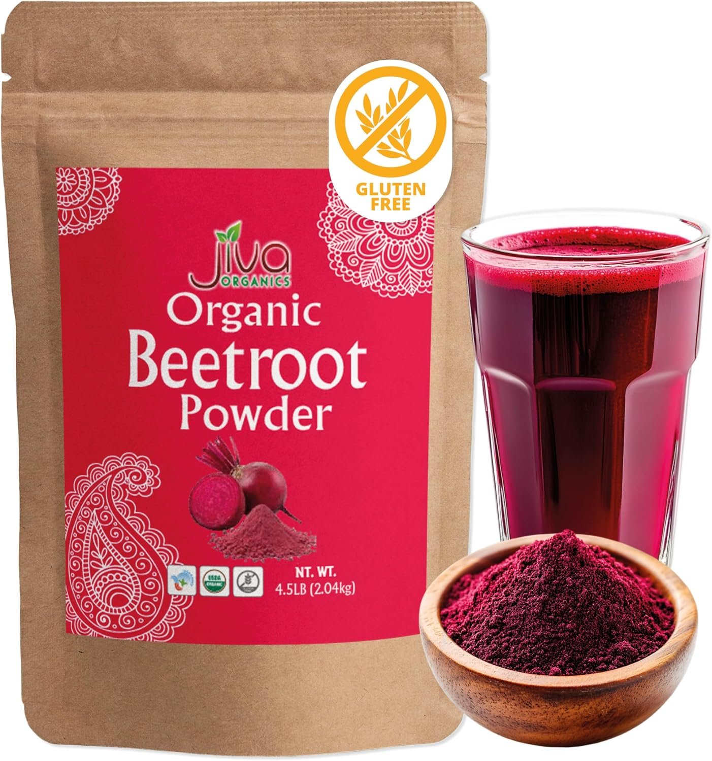Jiva Organics Organic Beet Root Powder 4.5 Pounds – 10% Extra, Non-GMO, Gluten Free, Water Soluble, Great for Smoothies Highly Concentrated Raw Beet Supplement, Nitric Oxide Supplement