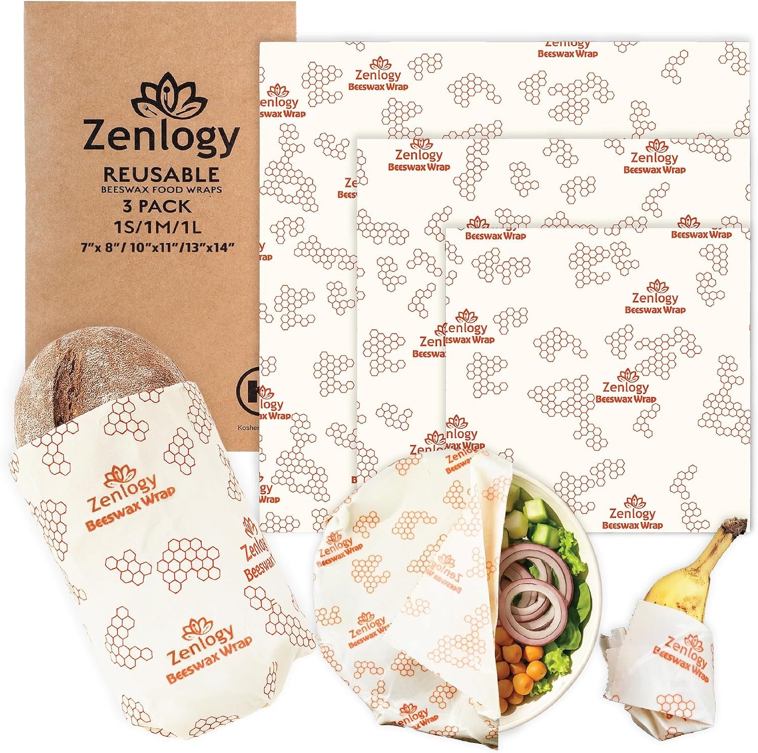 Zenlogy Beeswax Food Wraps, 3-Pack, Small Medium Large, Organic Cotton
