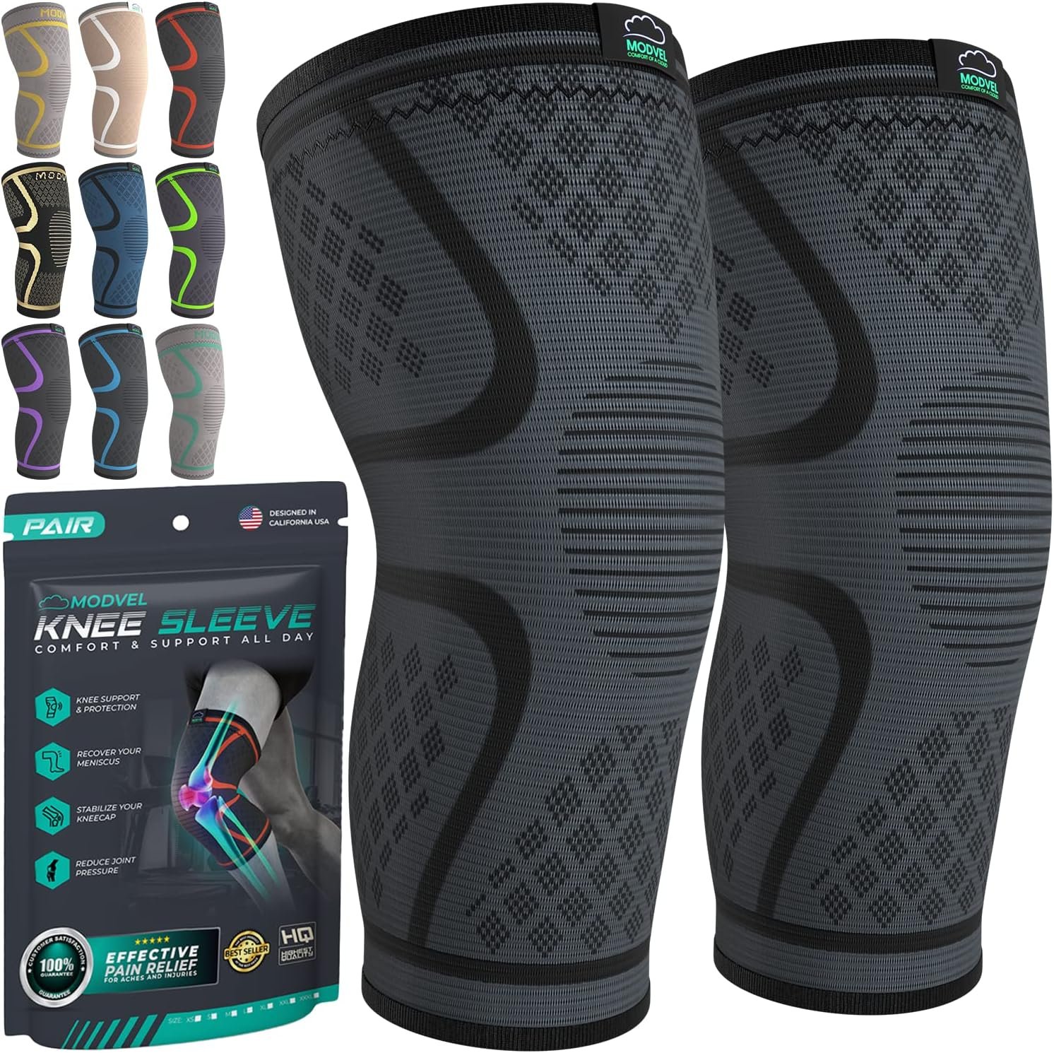 Modvel Compression Knee Brace for Women & Men – 2 Pack Knee Brace for Running Knee Pain, Knee Support Compression Sleeve, Workout Sports Knee Braces for Meniscus Tear ACL & Arthritis Pain Relief