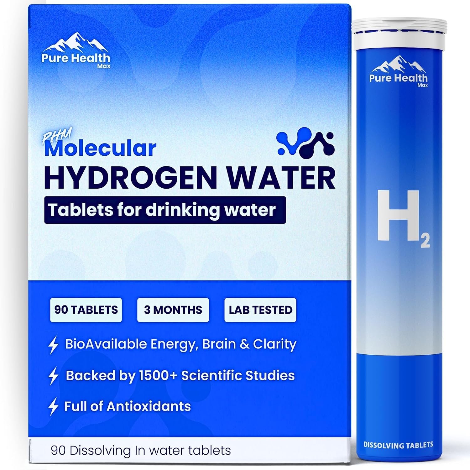 PHM Hydrogen Water Tubes, Tablets for Drinking Water – H2 Molecular Tabs | Magnesium Pills, Electrolytes Hydration Supplement to Support Healthy Aging & Energy Boost | 90 Tablets, 3 Months Supply