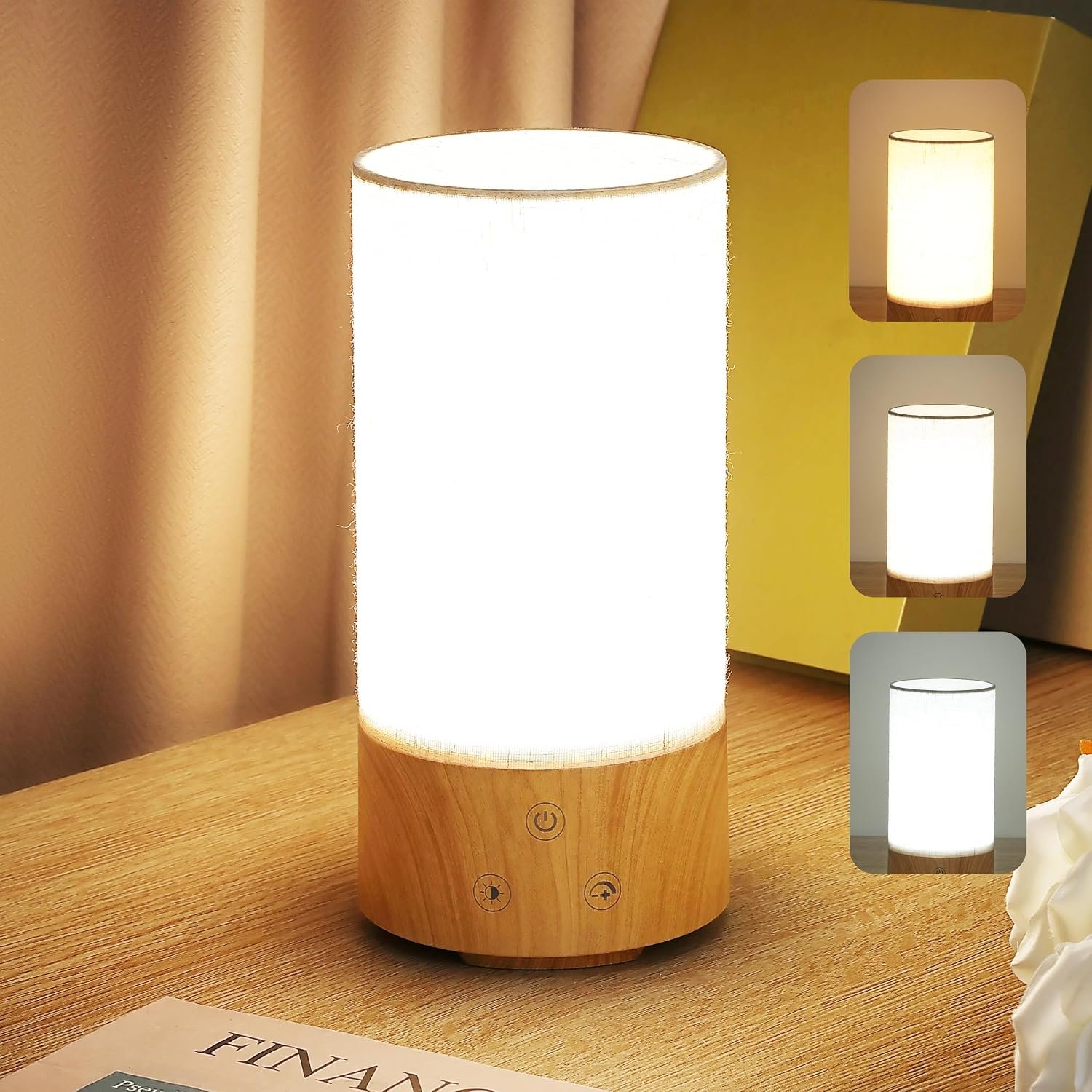Caromolly Light Therapy Lamp, Happy Lamp 10,000 LUX UV Free with 3 Color Temperature & 5 Brightness Level, Full Spectrum Light Wood Base Round Flaxen Fabric Shade for Home, Office, White Linen