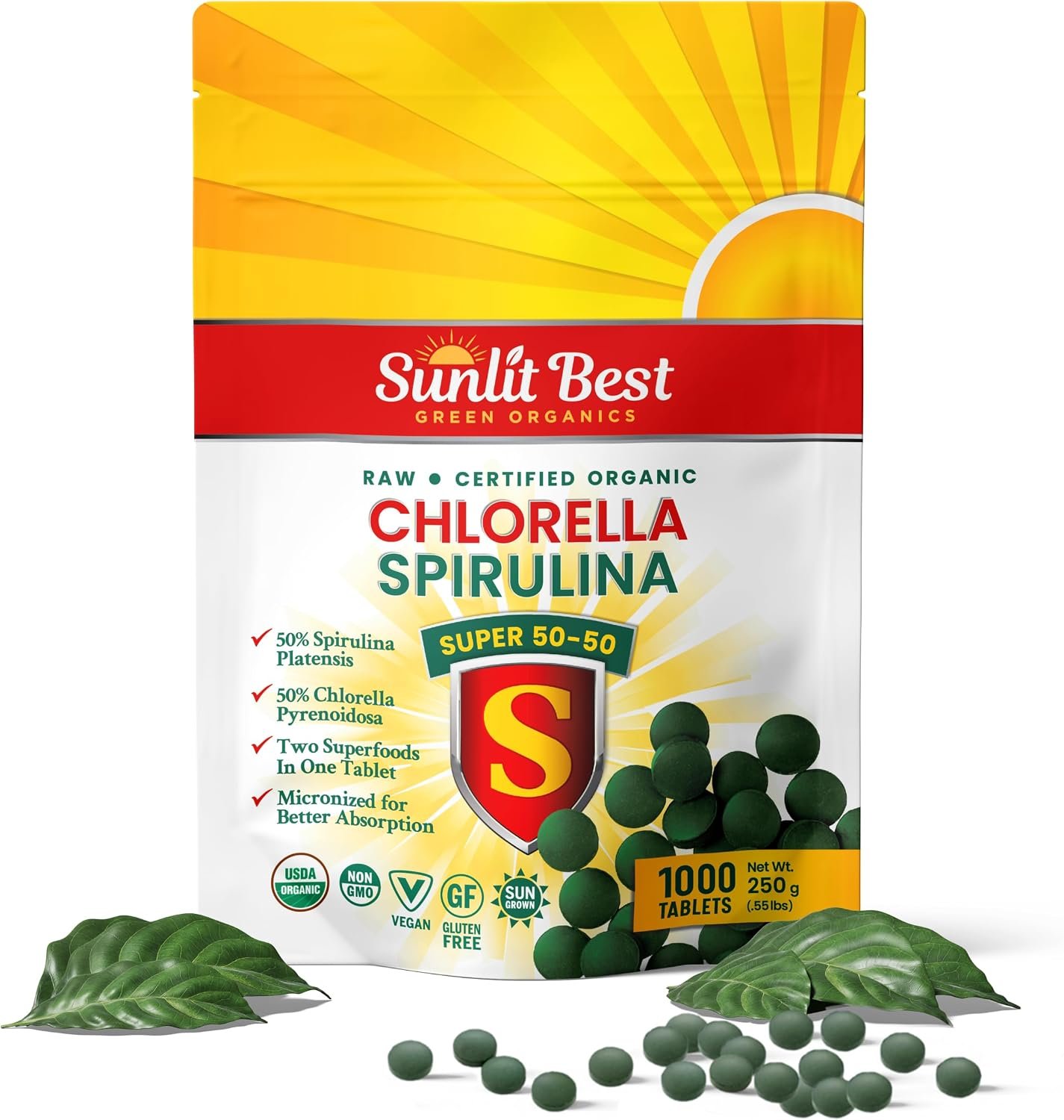 Sunlit Best Organic Chlorella Spirulina Tablets, Vegan Protein Iron, 1000CT