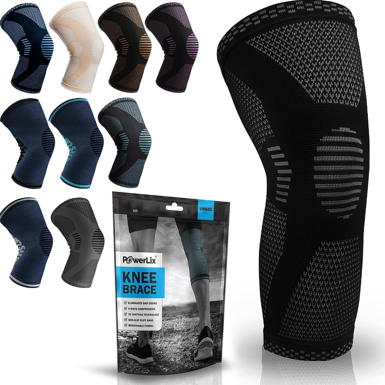 POWERLIX Knee Compression Sleeve – Best Knee Brace for Men & Women – Knee Support for Running, Basketball, Weightlifting, Gym, Workout, Sports, (Black, Large)