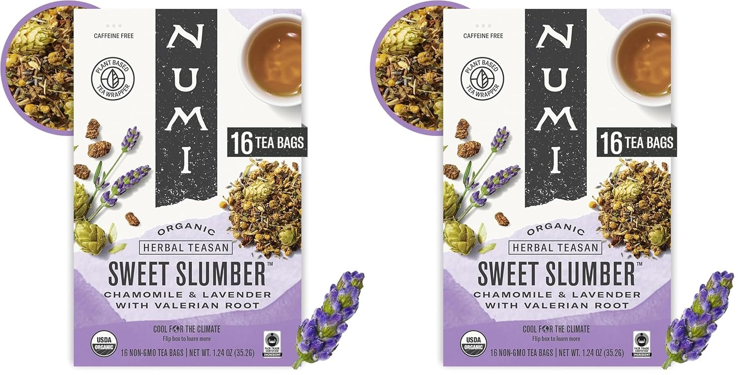 Numi Organic Sweet Slumber Tea with Chamomile, Valerian Root & Lavender, 16 Count Box of Tea Bags Herbal Teasan (Pack of 2)