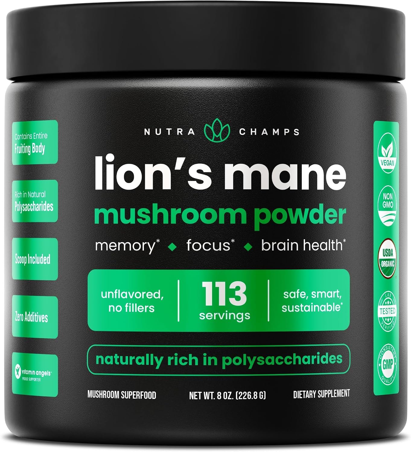 NutraChamps Organic Lions Mane Powder – 2000mg Powerful Nootropic for Memory, Focus, Immune Support – Vegan Lion’s Mane Mushroom Powder Supplement with Naturally Occurring Beta-Glucans – 8oz