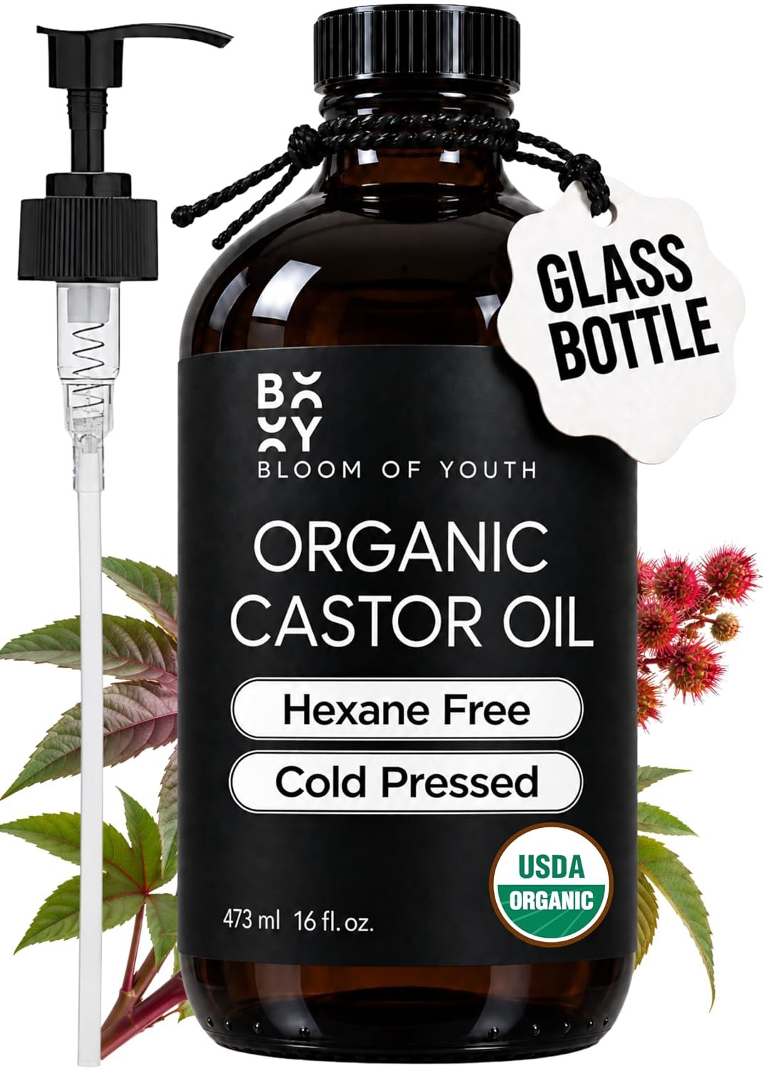 100% Pure Cold Pressed Organic Castor Oil, Glass Bottle 16oz | Hexane Free, Unrefined, USDA Certified | For Hair, Skincare, Castor Oil Pack, Face, Joints, Carrier Oil, Eyelashes, Eyebrows