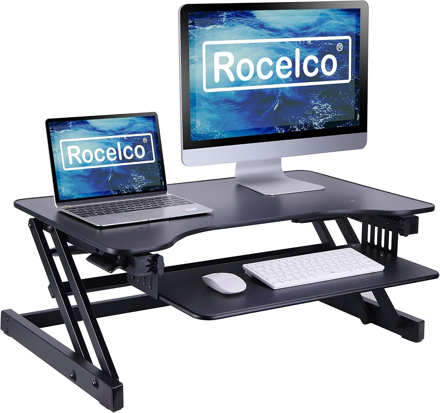 Rocelco 32″ Height Adjustable Standing Desk Converter – Slide Out Retractable Keyboard Tray – Sit Stand Up Double Monitor Riser – Dual Piston Lift Assist Tabletop Computer Workstation – Black (R ADRB)