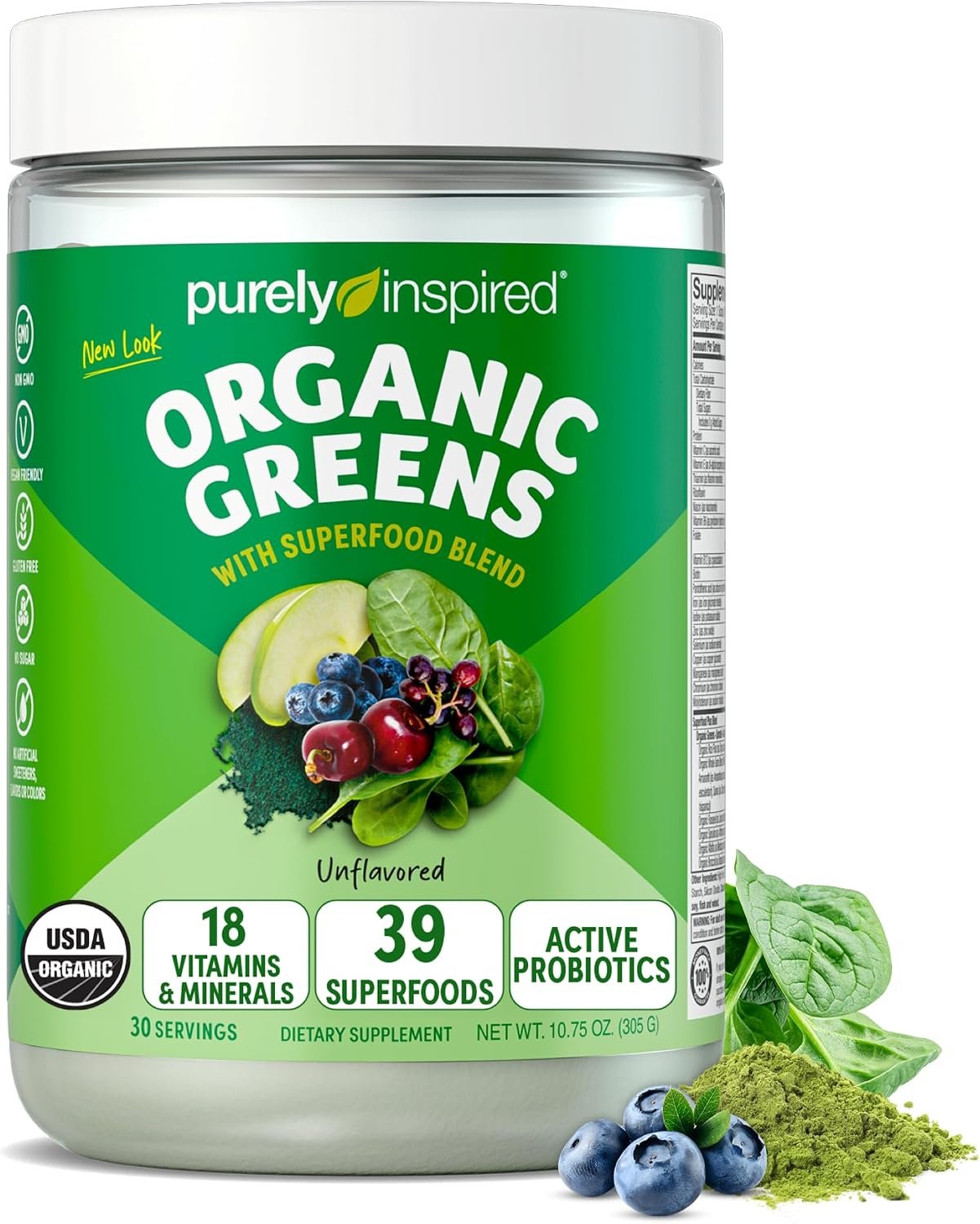 Purely Inspired Organic Greens Powder Superfood Smoothie Mix, Unflavored