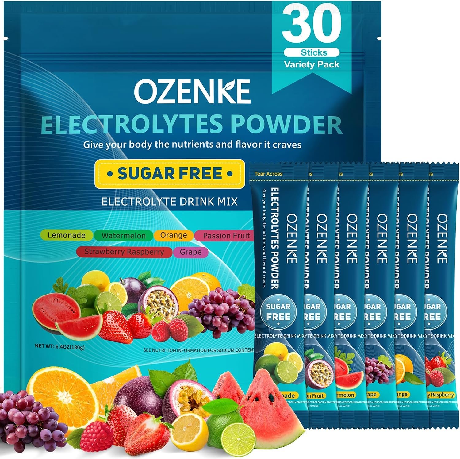 Electrolytes Powder Packets, 30 Sticks Hydration Packets Sugar Free, Electrolyte Drink Mix Travel Electrolyte Packets Liquid Daily IV for Rapid Hydration, 6 Flavors
