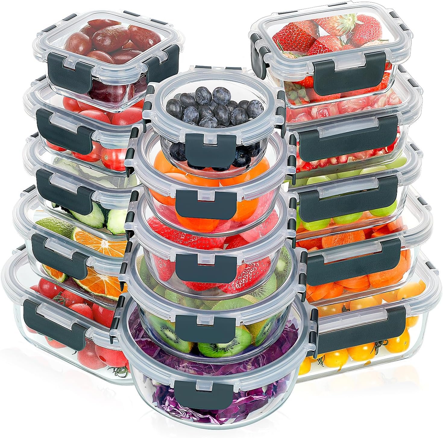 VERONES 30 Pieces Glass Food Storage Containers Set with Lids, Grey