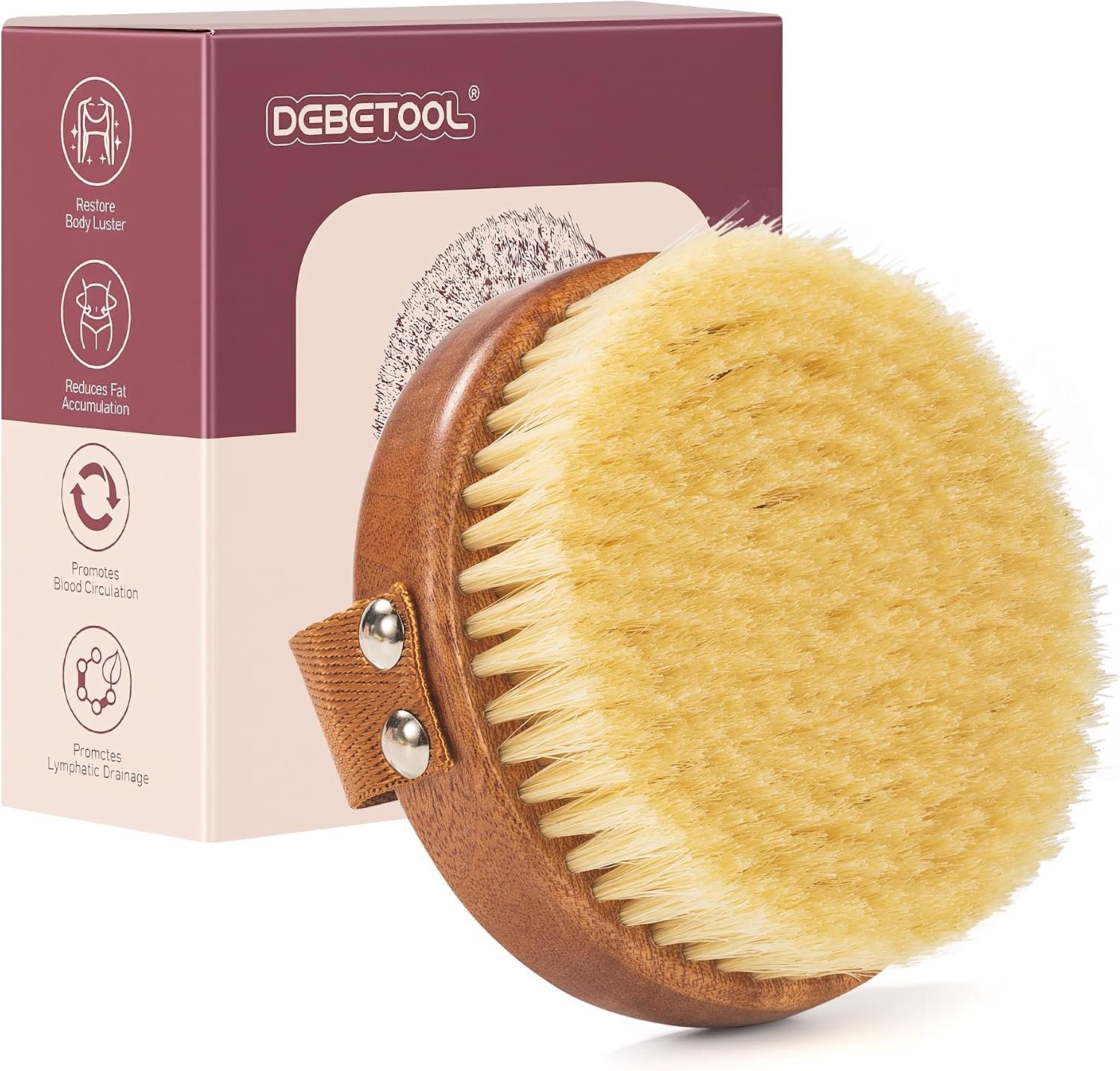DEBETOOL Natural Boar Bristle Dry Brushing Body Brush, Medium Firmness