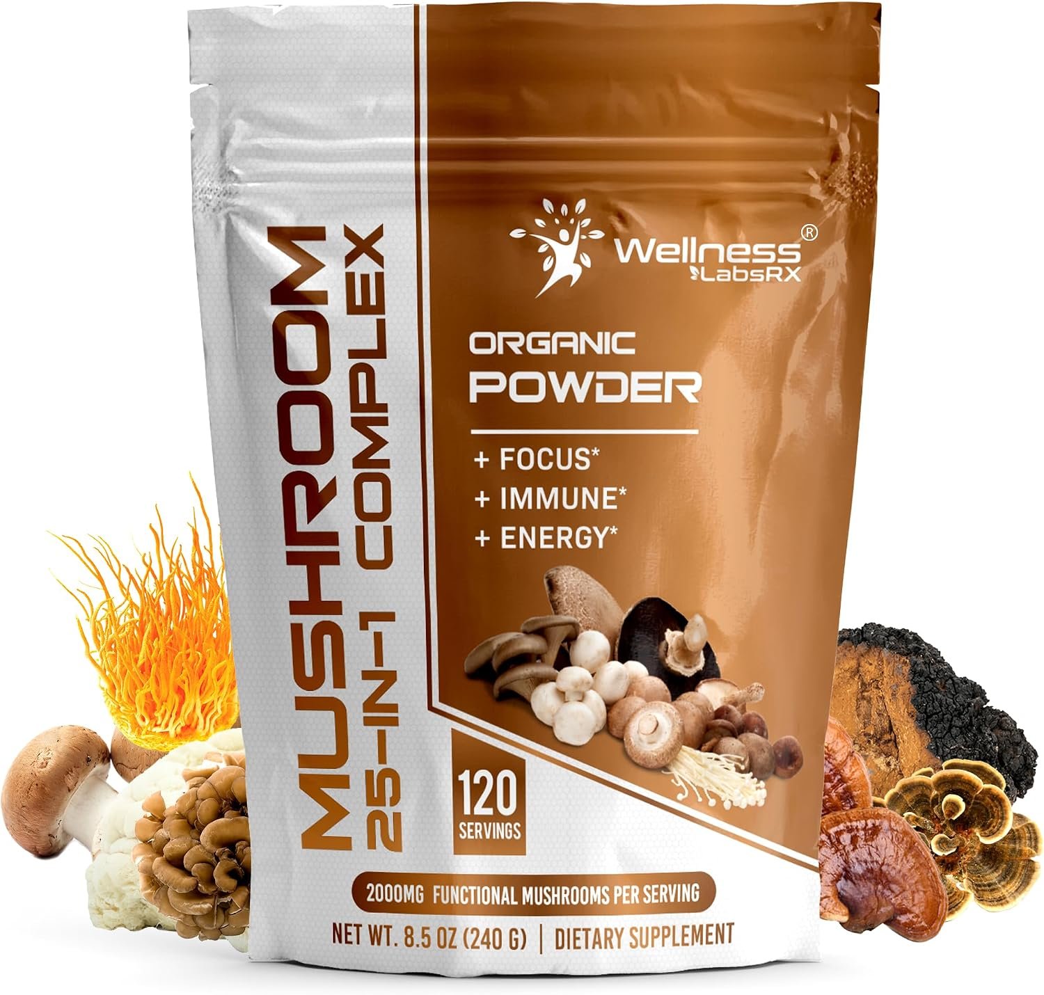Organic Mushroom Powder 2000mg, 25 in 1 Lions Mane Supplement, 120 Servings