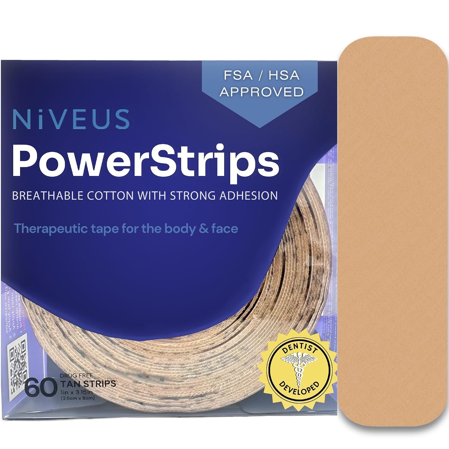 Niveus PowerStrips – Dentist Developed Latex-Free Therapeutic Tape with Strong Adhesion and Breathable Cotton – Gentle Skin Tape for Comfort & Support – for Men and Women (Tan, 60 Strips)