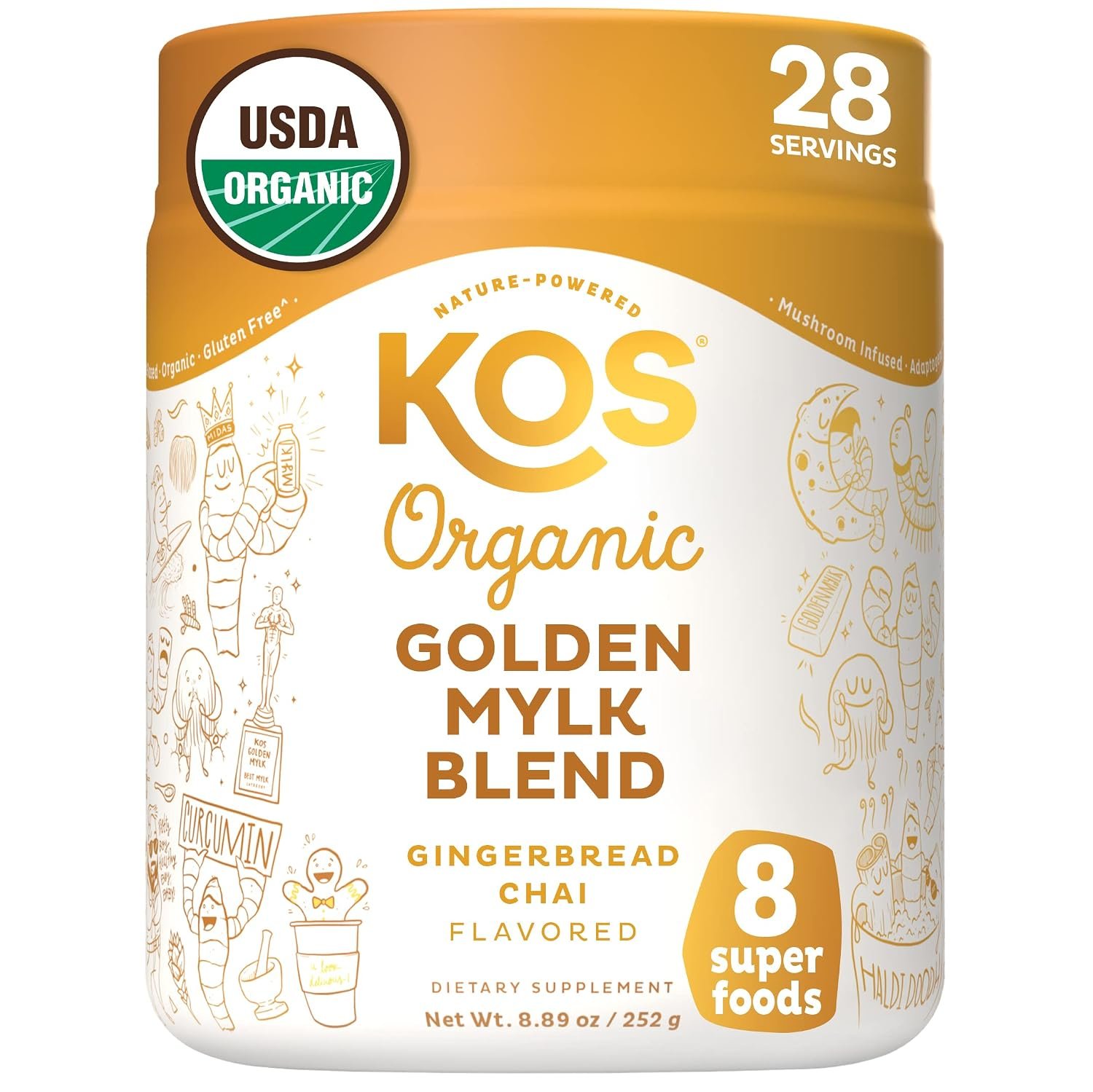 KOS Golden Mylk with Tumeric and Ginger, Organic Superfood Latte Powder, Adaptogen Mushroom Blend – Coffee Creamer, Dessert & Smoothie – Caffeine Free, Vegan, Dairy-Free, Gingerbread Chai, 28 Servings
