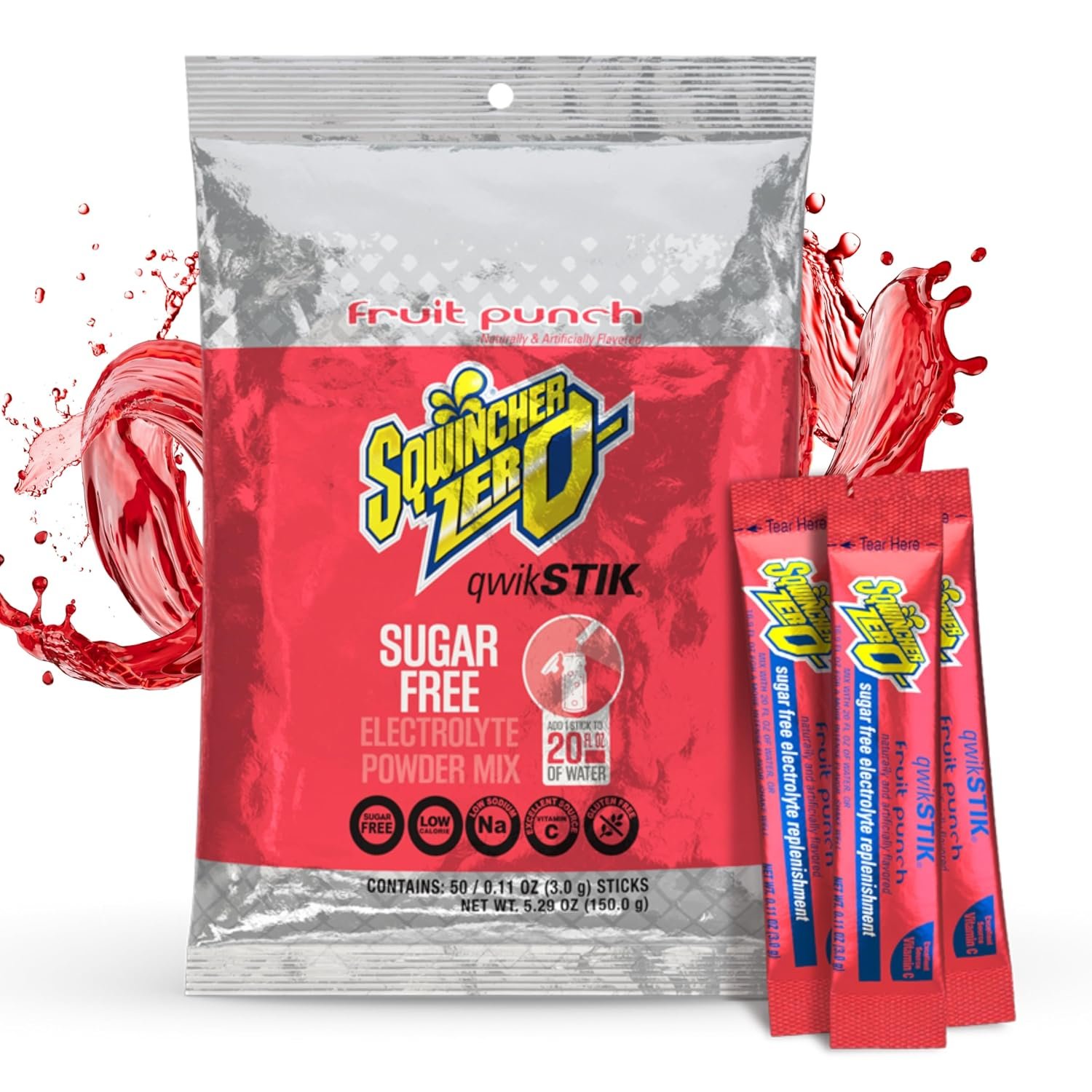 Sqwincher Qwik Stik, Sugar Free, Fruit Punch Flavor, .11oz Packet, 50 Pack