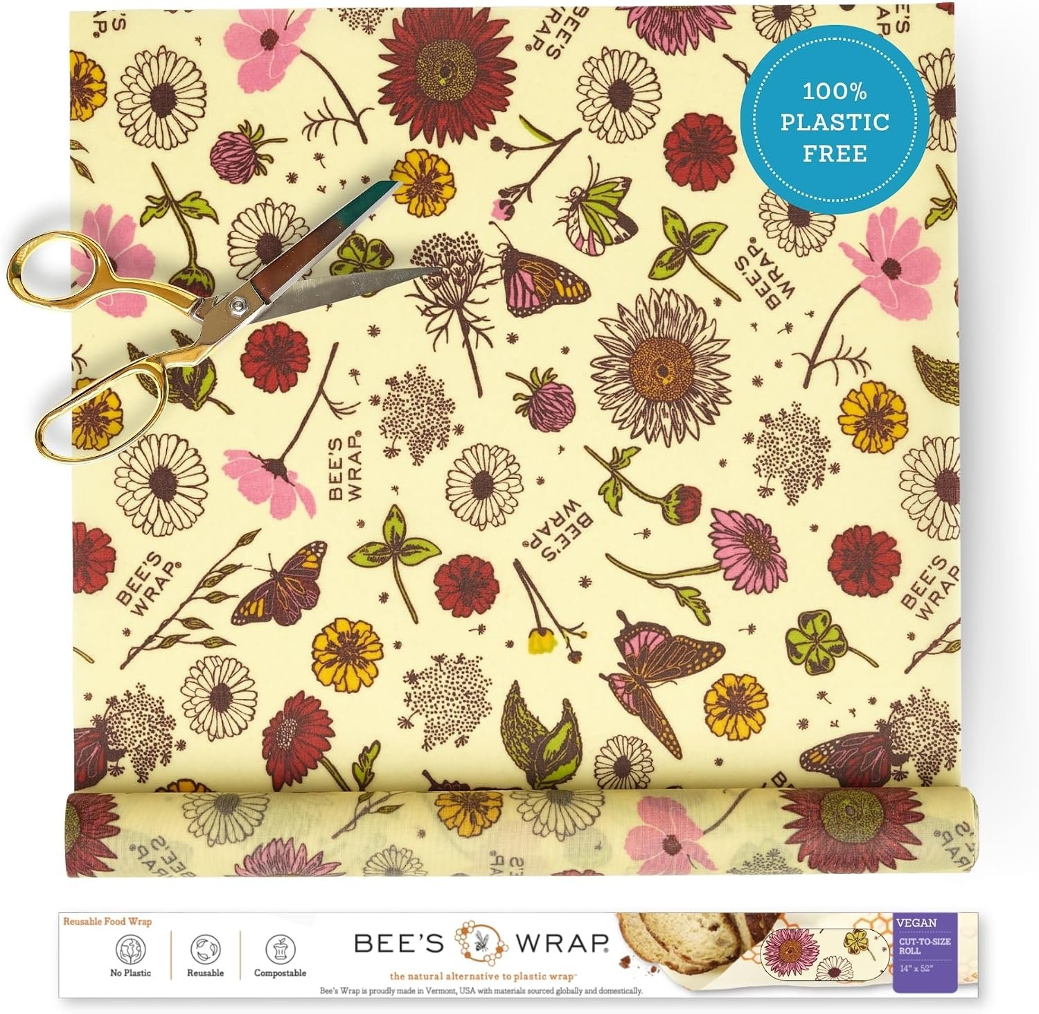 Bee’s Wrap Vegan Beeswax Wraps for Food – Cut to Size 14×52″ Beeswax Wrap Roll – Plastic Free Made in USA Reusable Natural Food Wrap – Meadow Magic