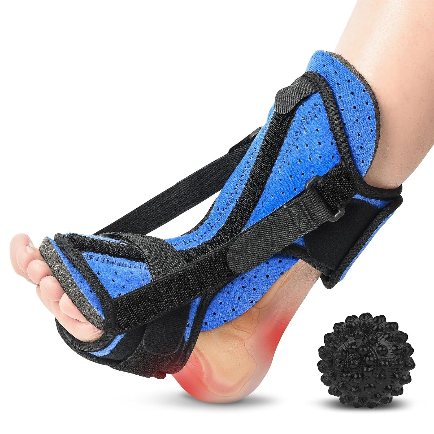 Plantar Fasciitis Night Splint with Massage Ball Women Men Blue