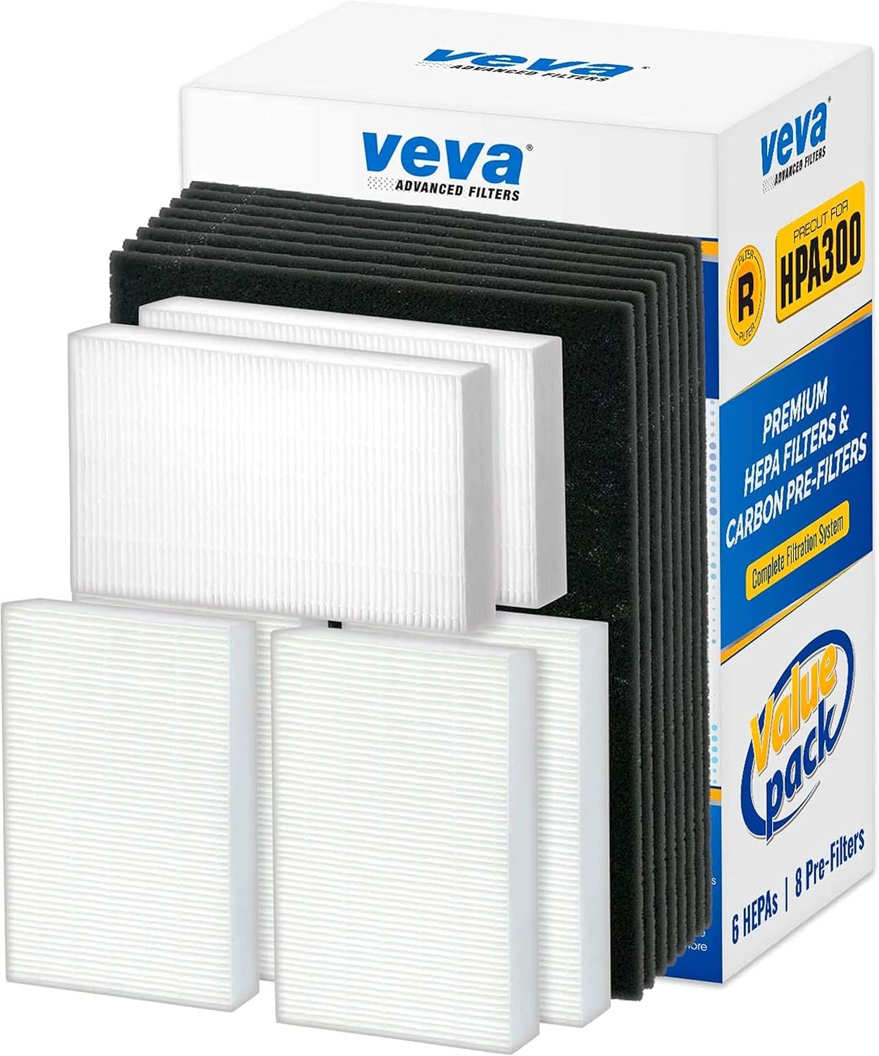 VEVA HPA300 Filter Replacement Compatible with Honeywell Air Purifier – 6 Pack of HEPA Filters w/ 8 Precut Activated Carbon Pre-Filters & Replacement Filter R