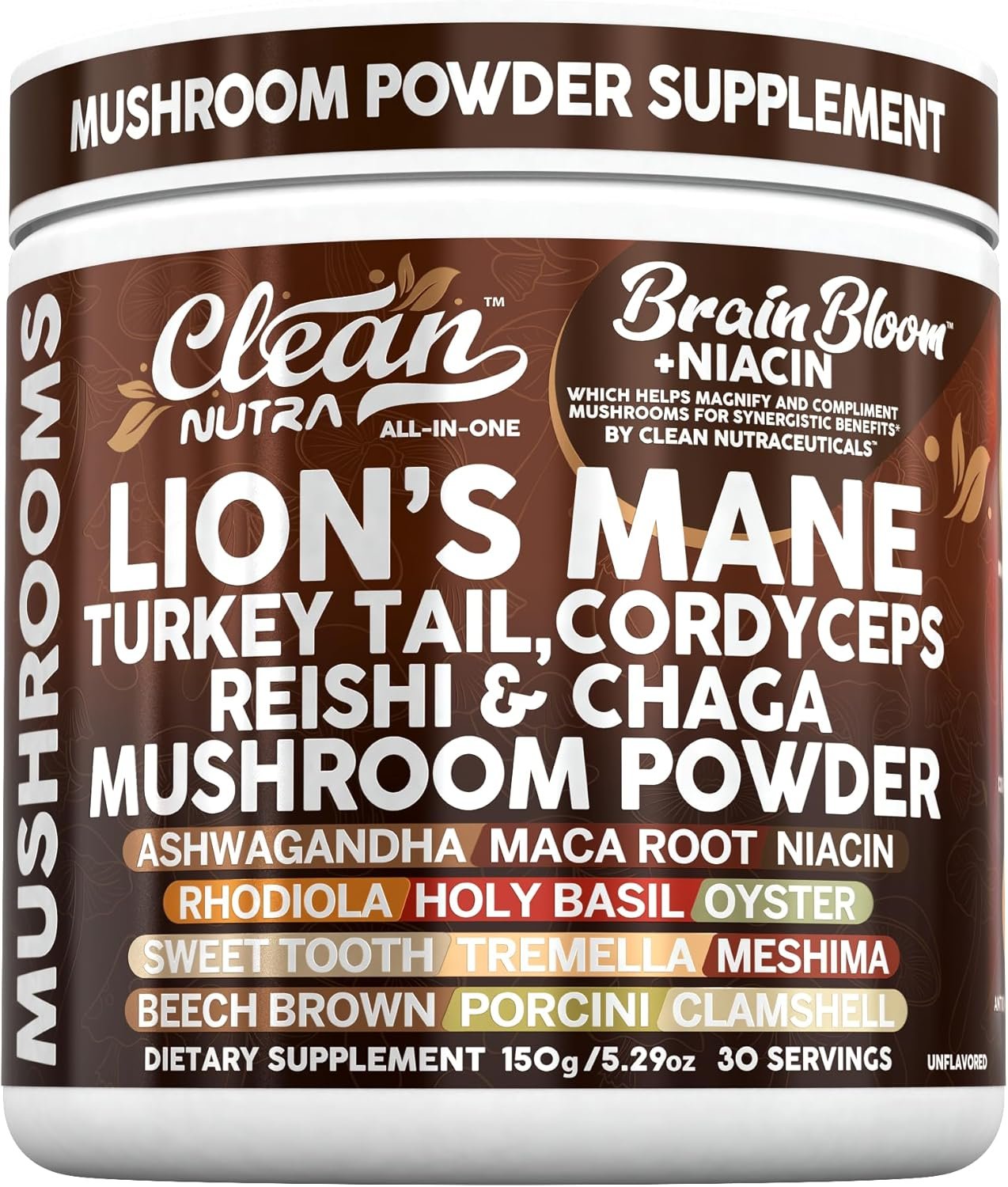 Clean Nutra Lion’s Mane Turkey Tail Cordyceps Reishi Chaga Mushroom Powder + Ashwagandha Niacin Calm Stress Memory Adrenal Support Supplements Maca Rhodiola Holy Basil Apaptogen Supplement Unflavored