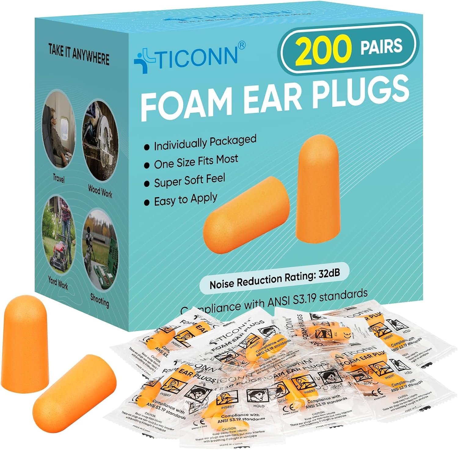TICONN 200 Pairs Foam Ear Plugs Individually Wrapped, 32dB NRR for Sleep
