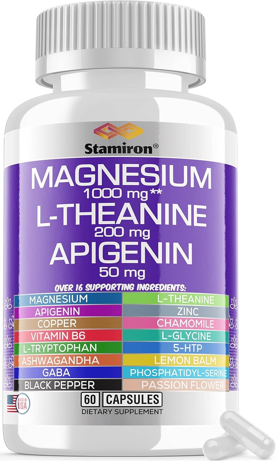 Magnesium Complex 1000mg L Theanine 200mg Apigenin 50mg Supplement with Mag Glycinate Citrate Malate Taurate + Chamomile 5-HTP Passion Flower Lemon Balm B6 Ashwagandha and L Tryptophan – Made in USA