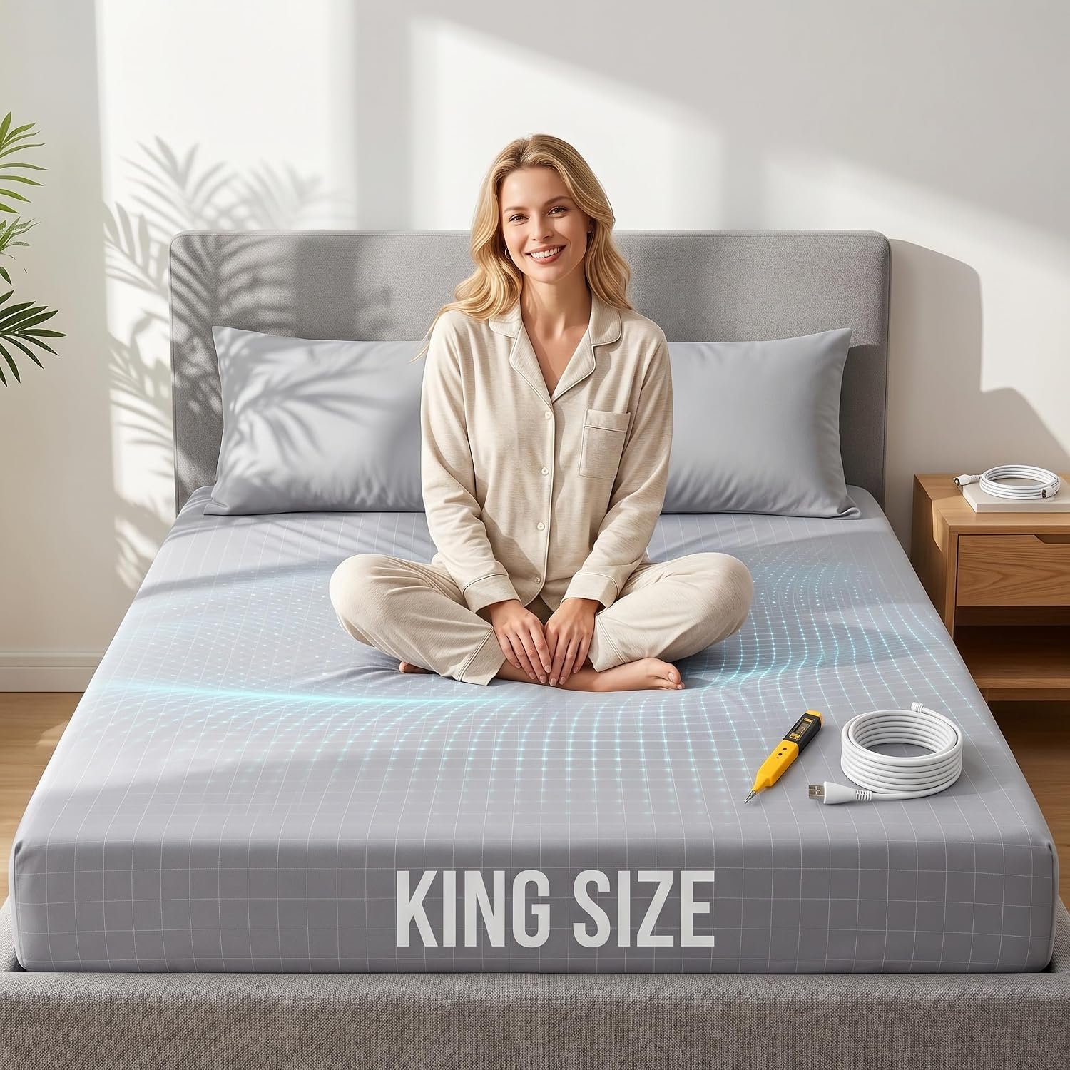 Grounding Sheet, 90% Organic Cotton+10% Pure Silver Organic Grounded Sheets for Improved Sleep, Pain Relief, with Static Grounding Cord and Test Pen (Gray, (78.4 * 80 * 15 in))