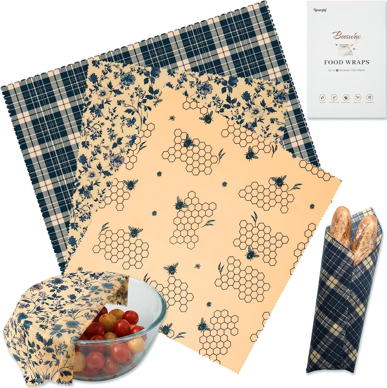 3 Pack 2L & 1XL Reusable Beeswax Wraps for Food, Reusable Beeswax Food Wraps for Bread, Cheese, Fruits, Zero Waste, Plastic-Free Storage, Natural Cotton with Plaid, Floral & Bee Patterns