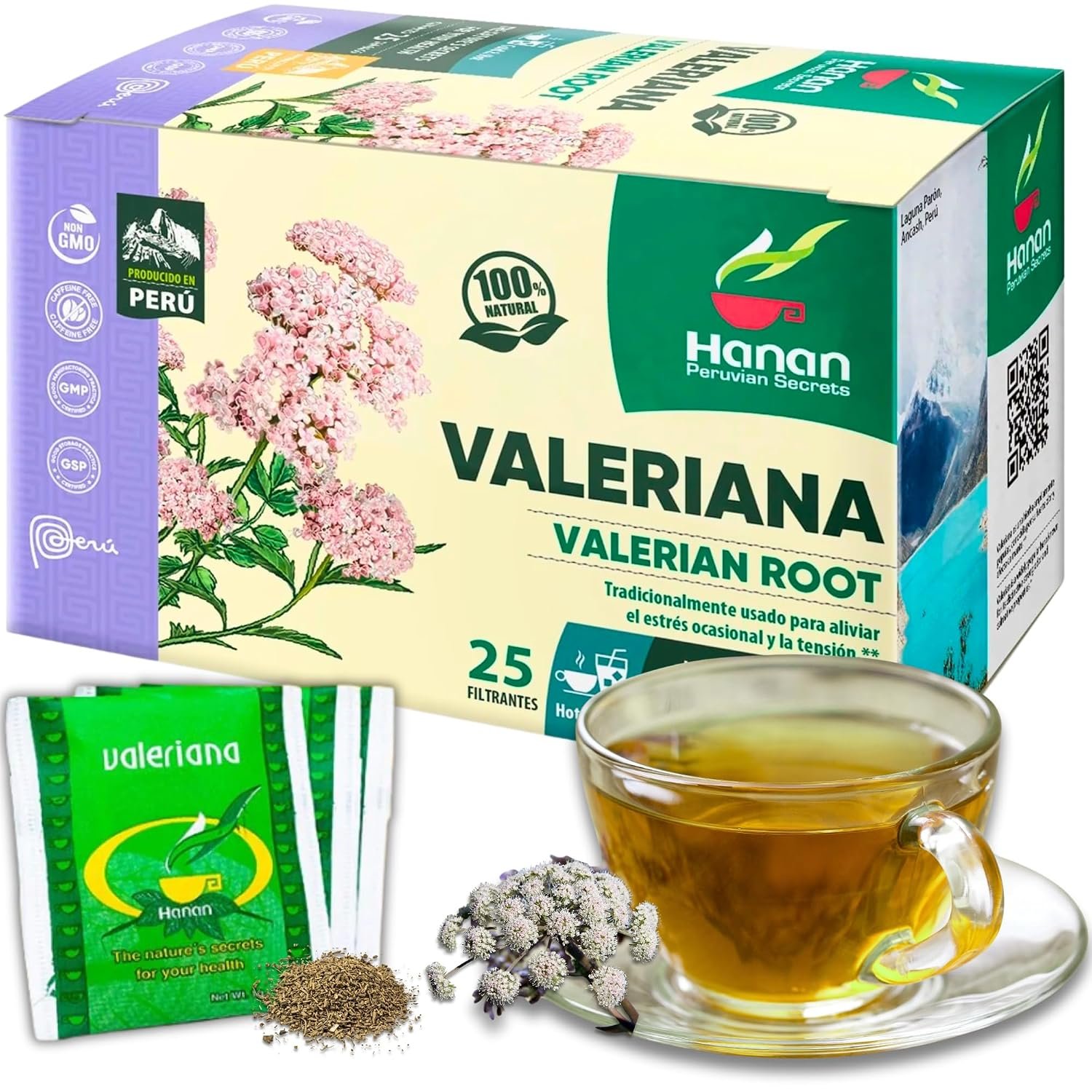 Hanan Valerian Root Tea (Valeriana) – 25 Herbal Tea Bags from Peru – Nature’s Calming Supplement for Relaxation Before Bed – 1000mg Valeerian Valerain per Filtered Teabag