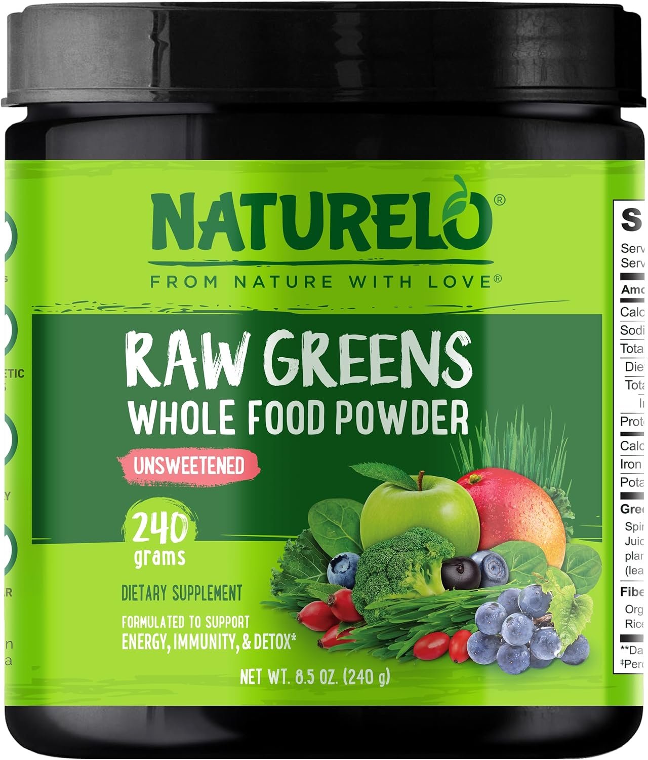 NATURELO Raw Greens Superfood Powder 240 Grams, Unsweetened