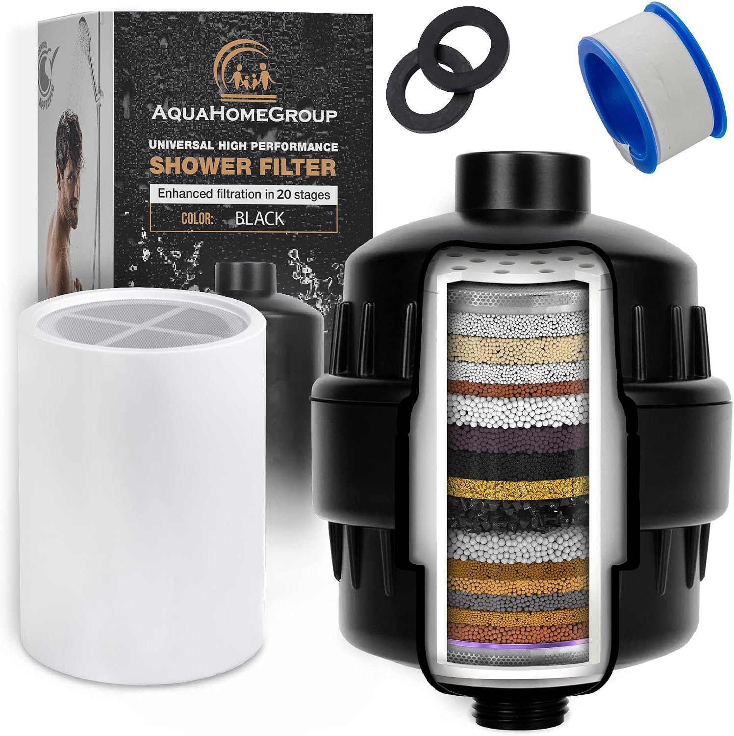 AquaHomeGroup 20 Stage Shower Filter with Vitamin C and E – Reduces Chlorine, Heavy Metals and Sediment – 2 Cartridges Included – High Pressure – Black
