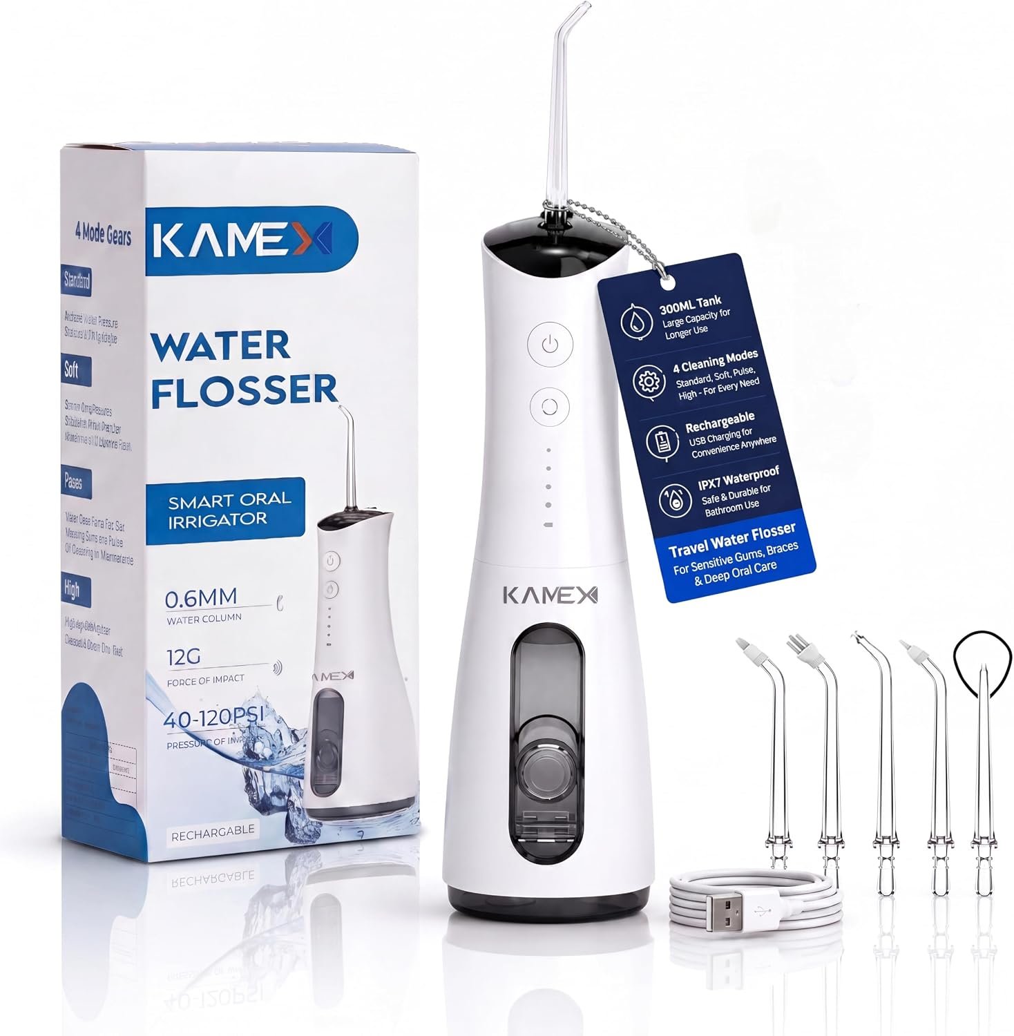 KAMEX Cordless Water Flosser for Teeth Cleaning: Portable Oral Irrigator with 300ML Tank, 5 Jet Tips, 4 Modes, 40-120 PSI, IPX7 Waterproof, Rechargeable Dental Water Pick for Braces & Sensitive Gums